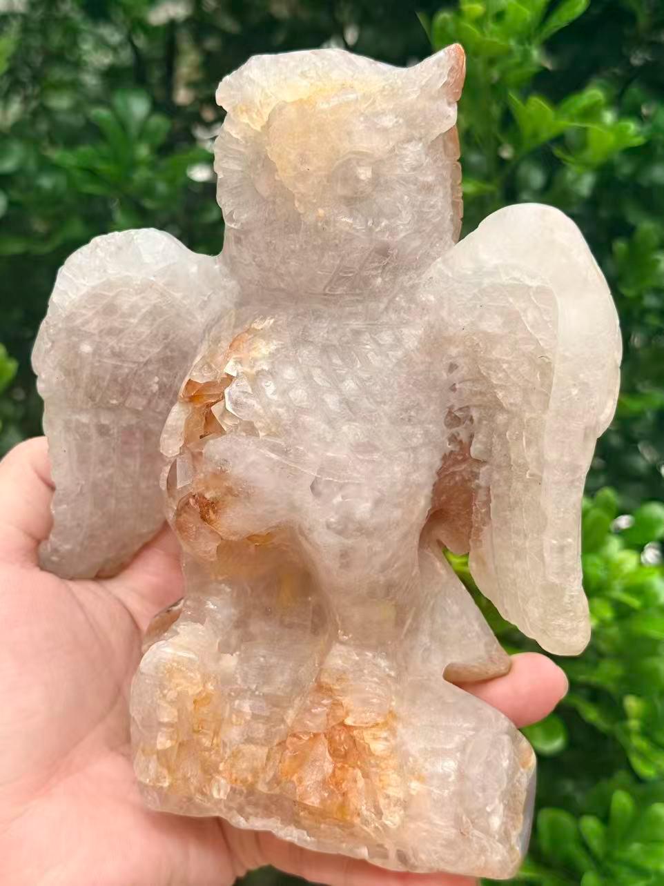 Hand Carved Geode Agate Owl Druzy Crystal Sculpture Bird Lover Gift