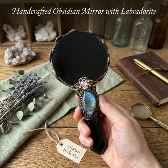 Black Obsidian Scrying Mirror, Gemstone Inlay Ritual Tool, Witchy Altar Decor, Divination Mirror