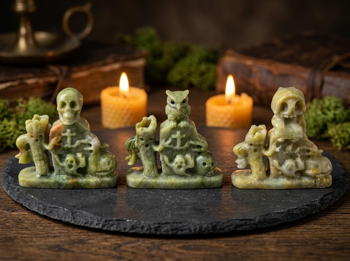 Cauliflower Jade Carved Owl, Skull, and Cross Figurine, Polished Stone Sculpture