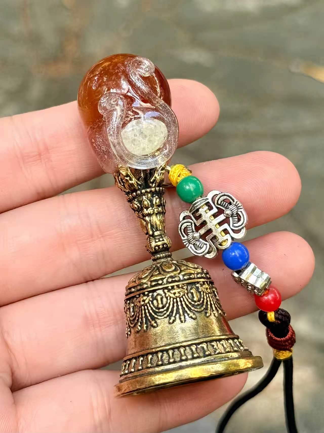 Natural Gemstone Bell Keychain, Antique Gold-Tone Charm, Good Luck Ornament