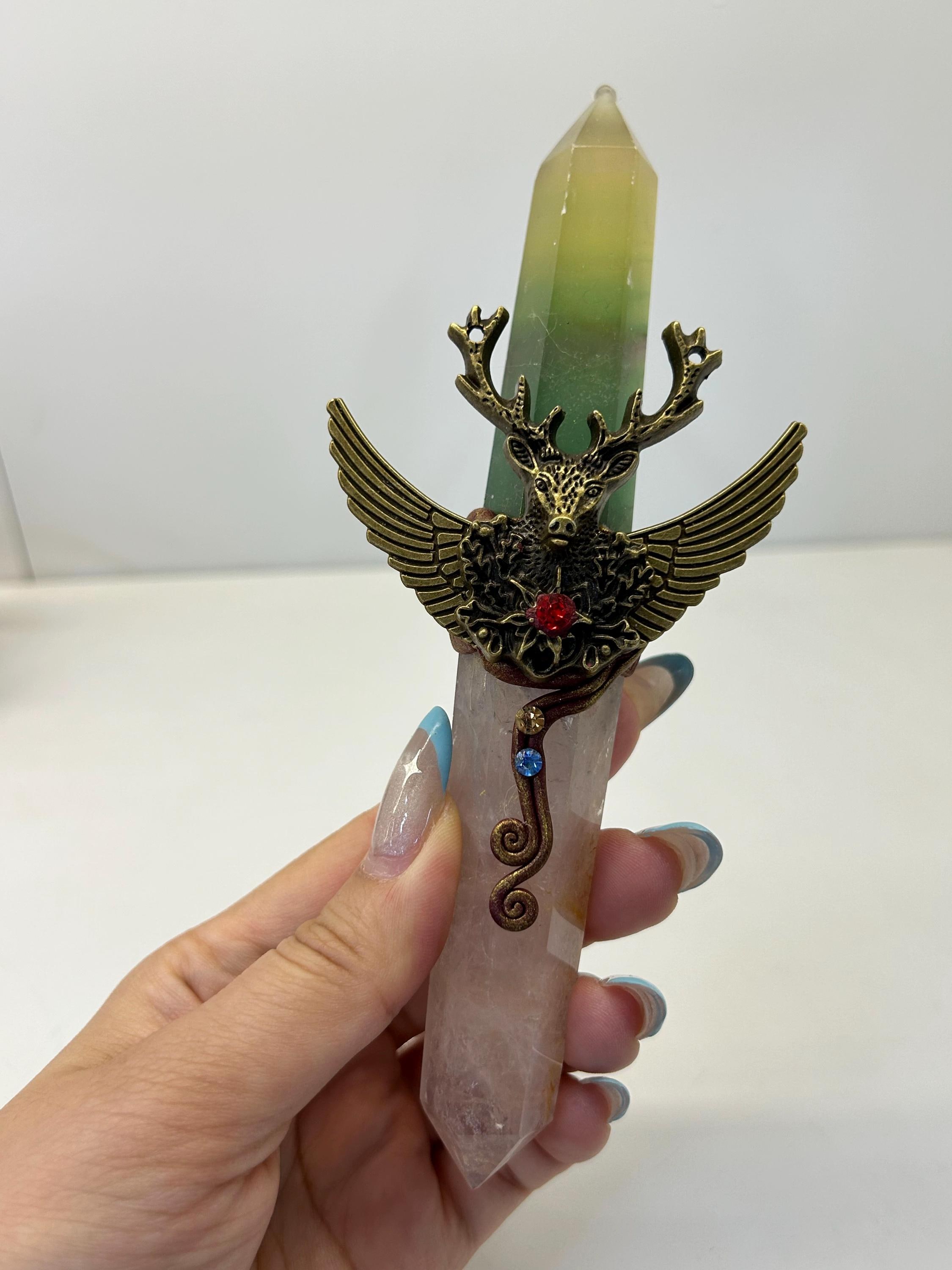 Handcrafted Crystal Wand, Antler Altar Decor, Gothic Fantasy Ritual Tool