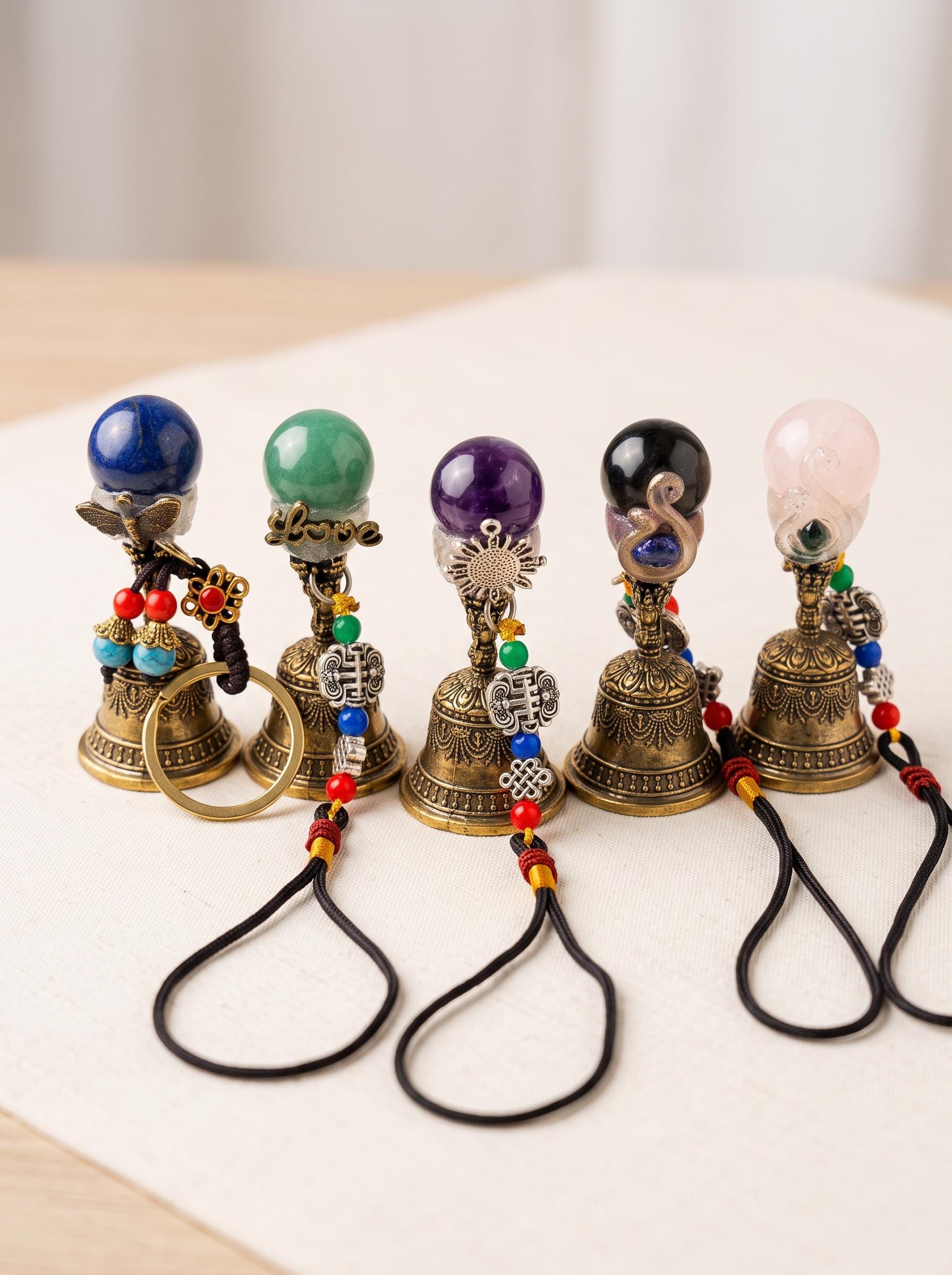 Natural Gemstone Bell Keychain, Antique Gold-Tone Charm, Good Luck Ornament