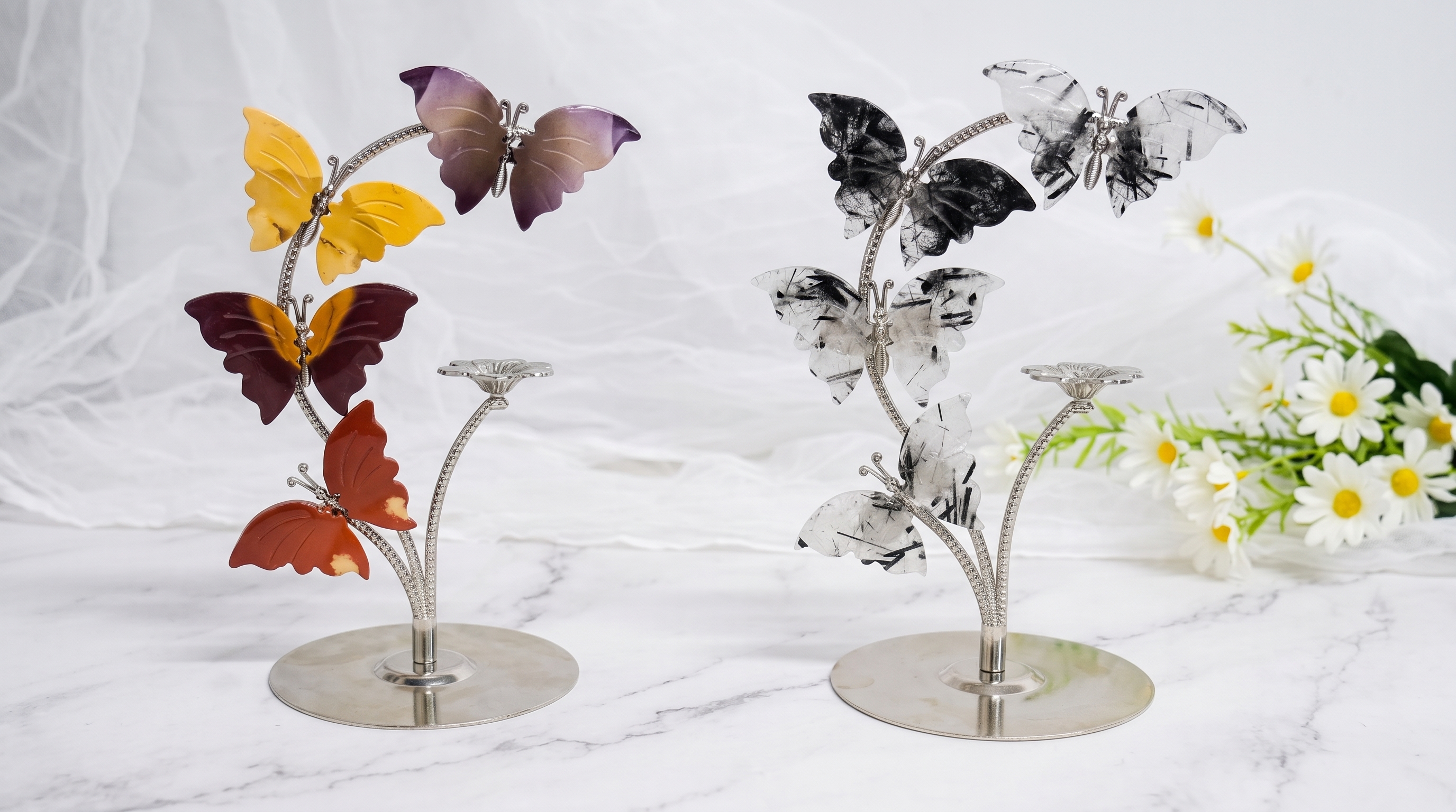 Moonkite or Black Tourmaline Crystal Butterfly Tree – Hand-Assembled Metal Stand Decor
