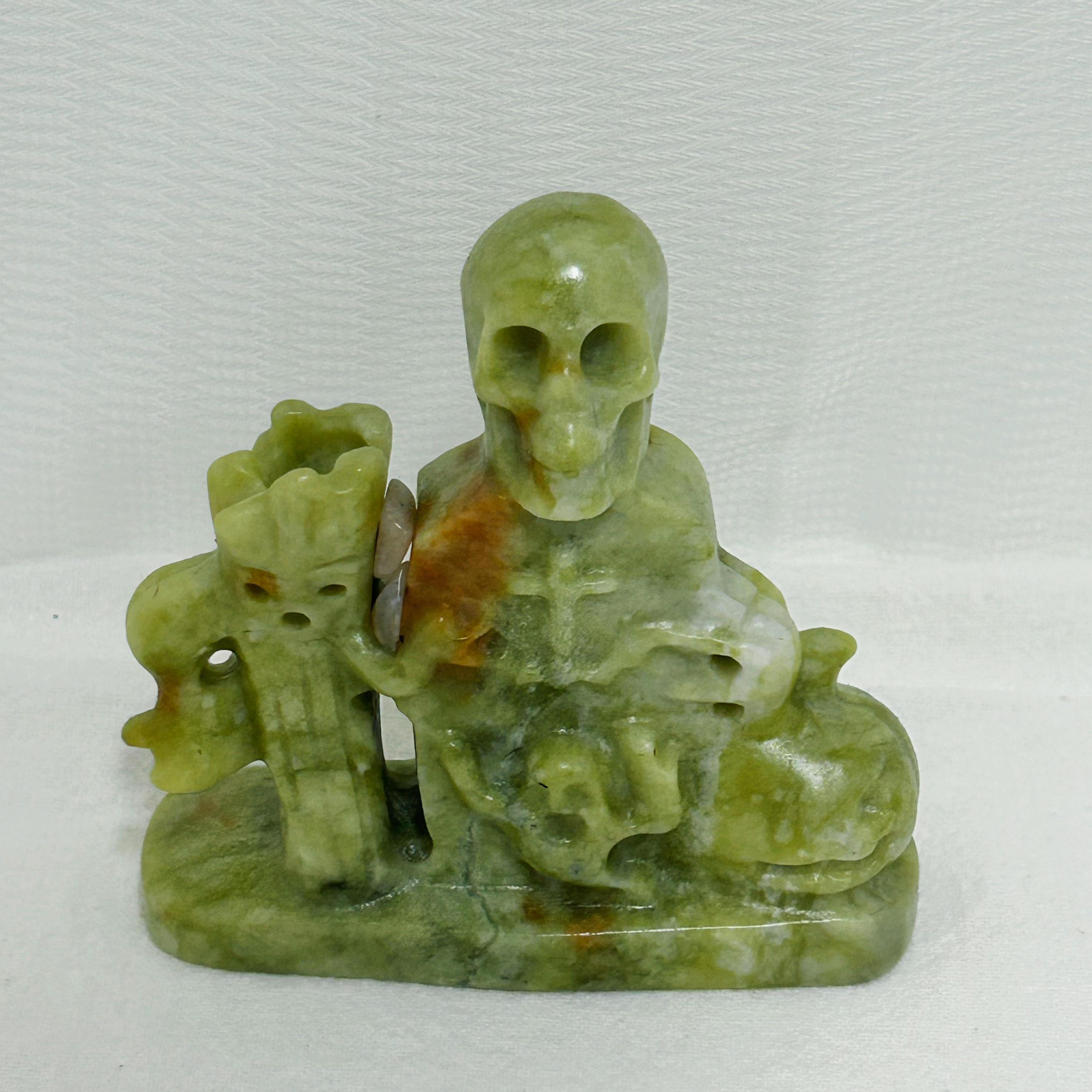 Cauliflower Jade Carved Owl, Skull, and Cross Figurine, Polished Stone Sculpture
