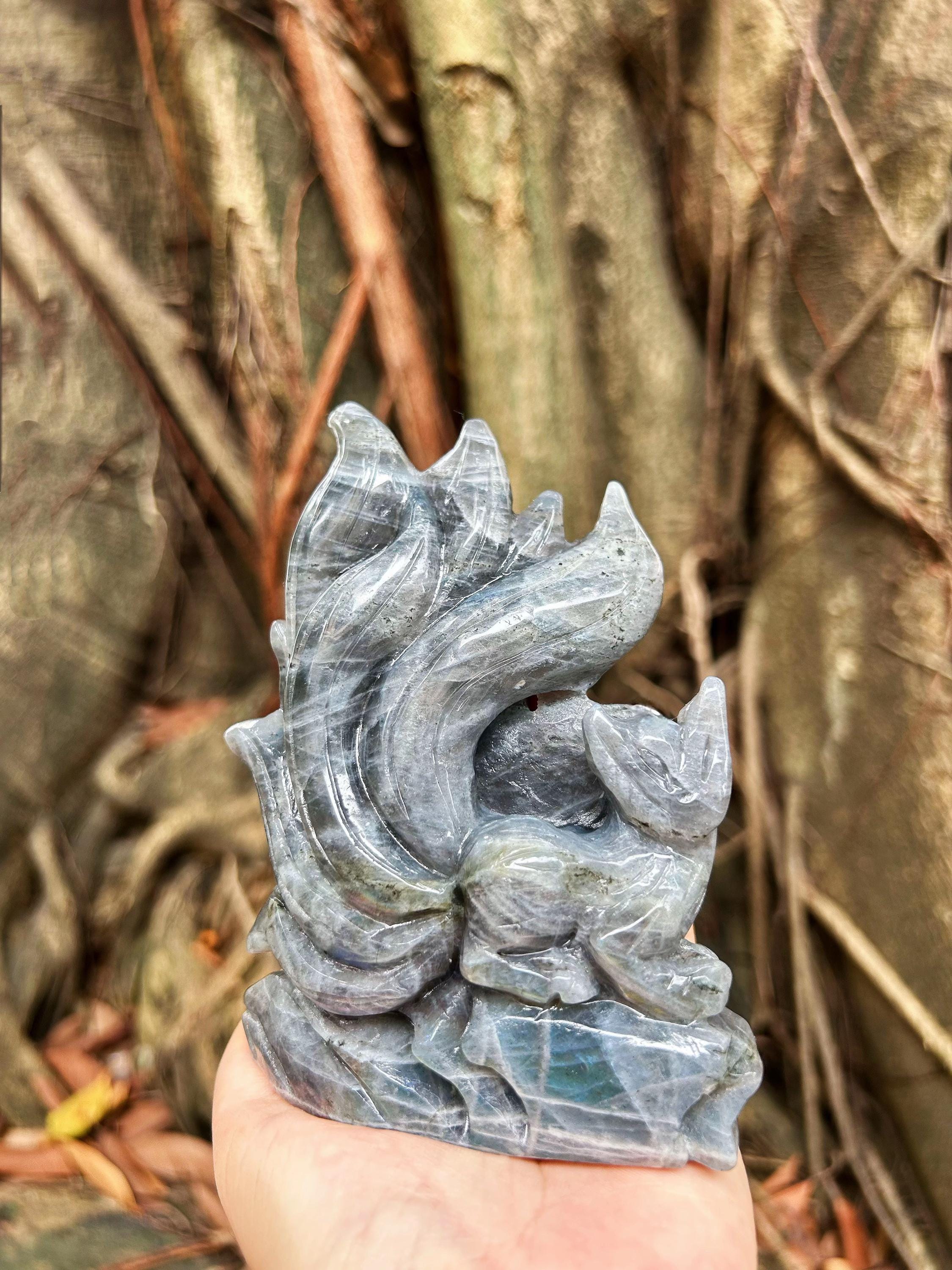 Labradorite Nine Tailed Fox Carving, Natural Stone, Spiritual Home Decor