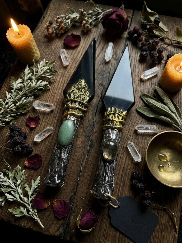Black Obsidian Wand, Green Aventurine or Citrine Inlay, Ritual Decor, Altar Art