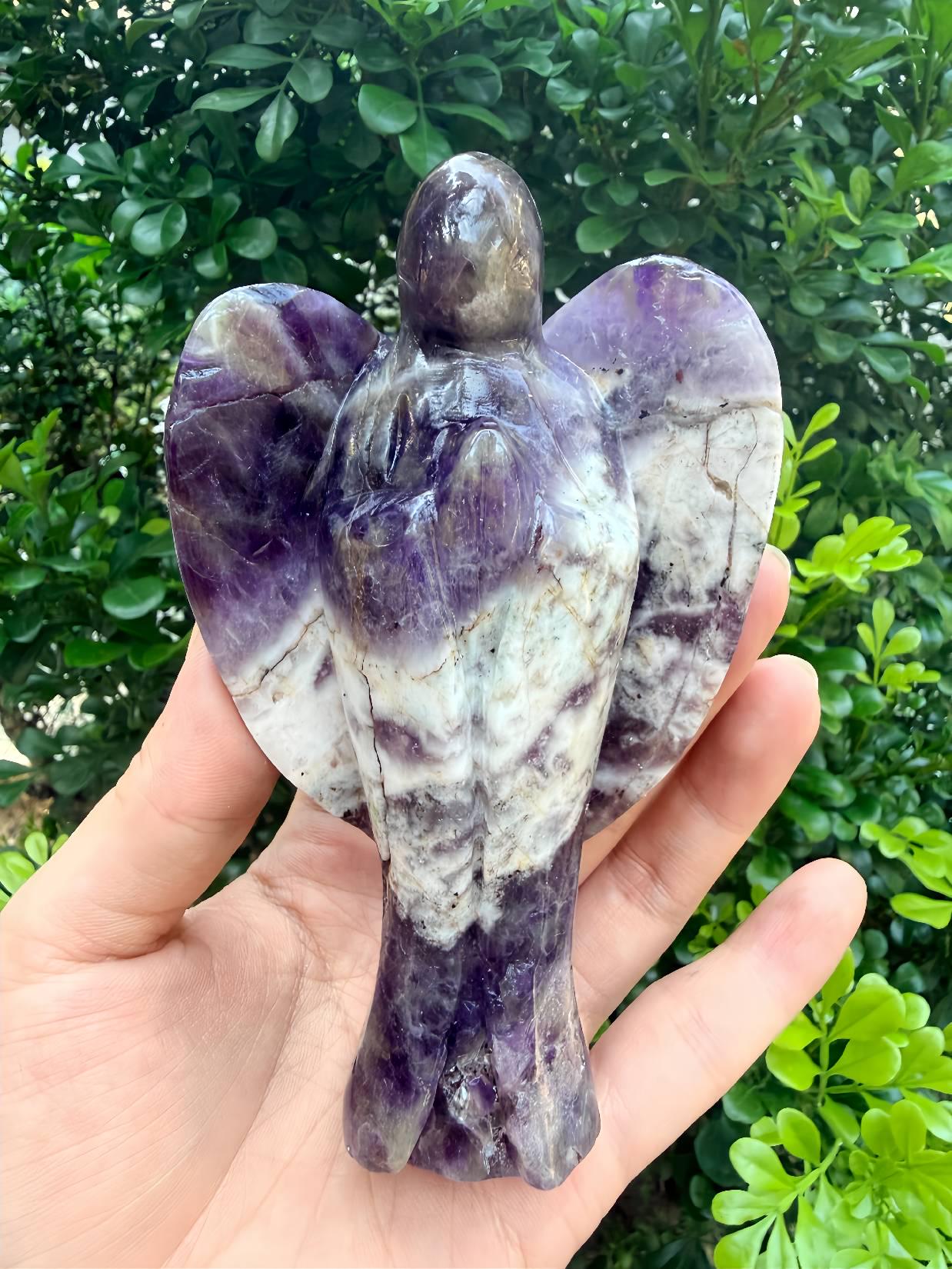 Dream Amethyst Angel Figurine, Hand Carved Natural Crystal Guardian Meditation Decor