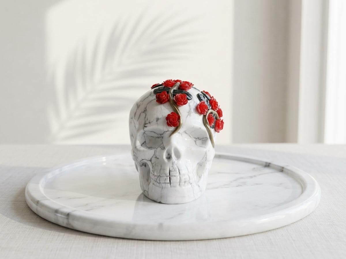White Turquoise Skull Sculpture with Red Roses, Gothic Floral Decor
