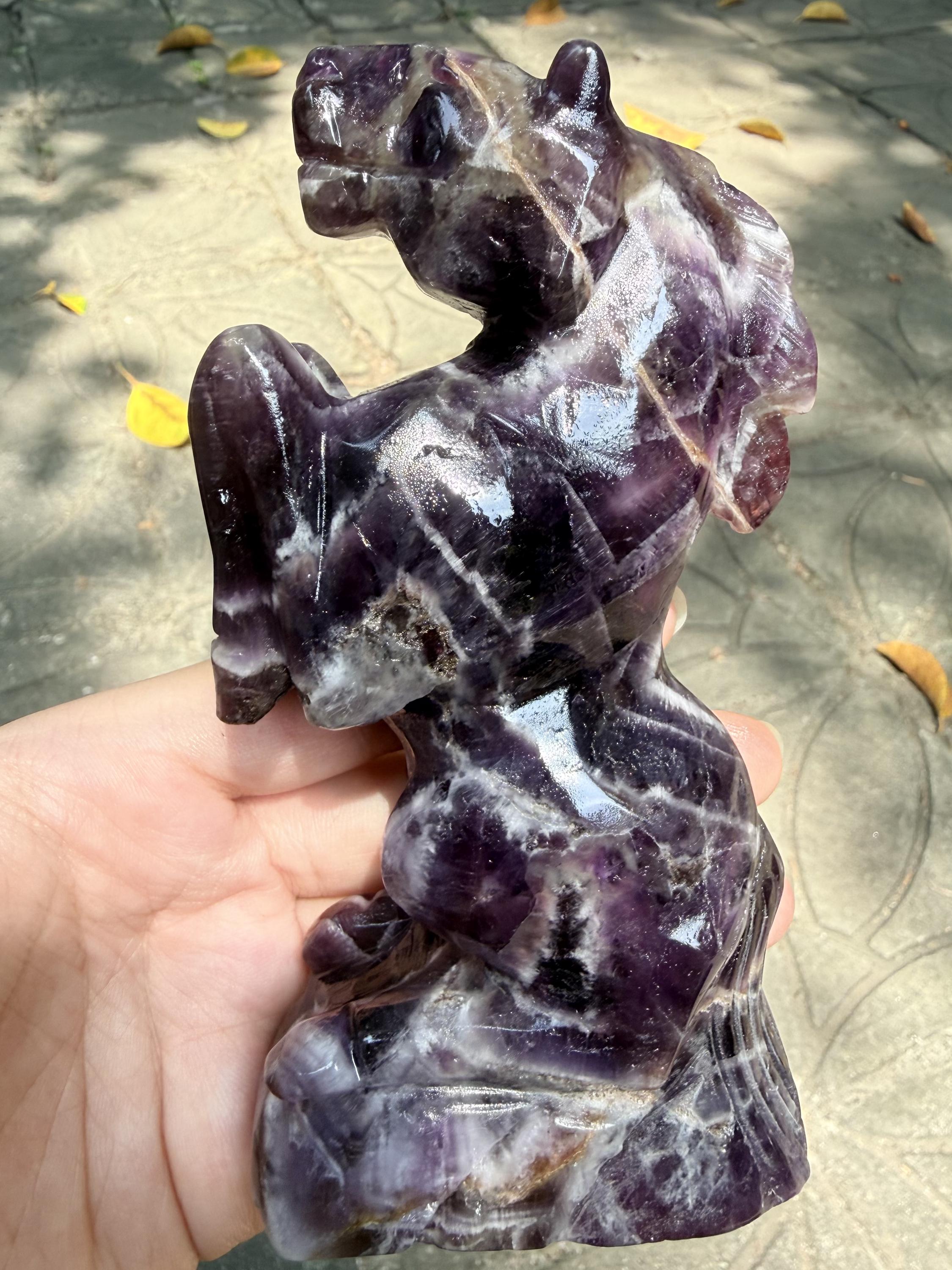 Dream Amethyst Horse Carving Chevron Crystal Figurine Equine Decor Gift
