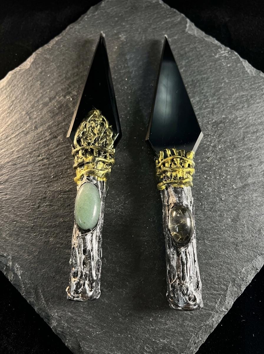 Black Obsidian Wand, Green Aventurine or Citrine Inlay, Ritual Decor, Altar Art