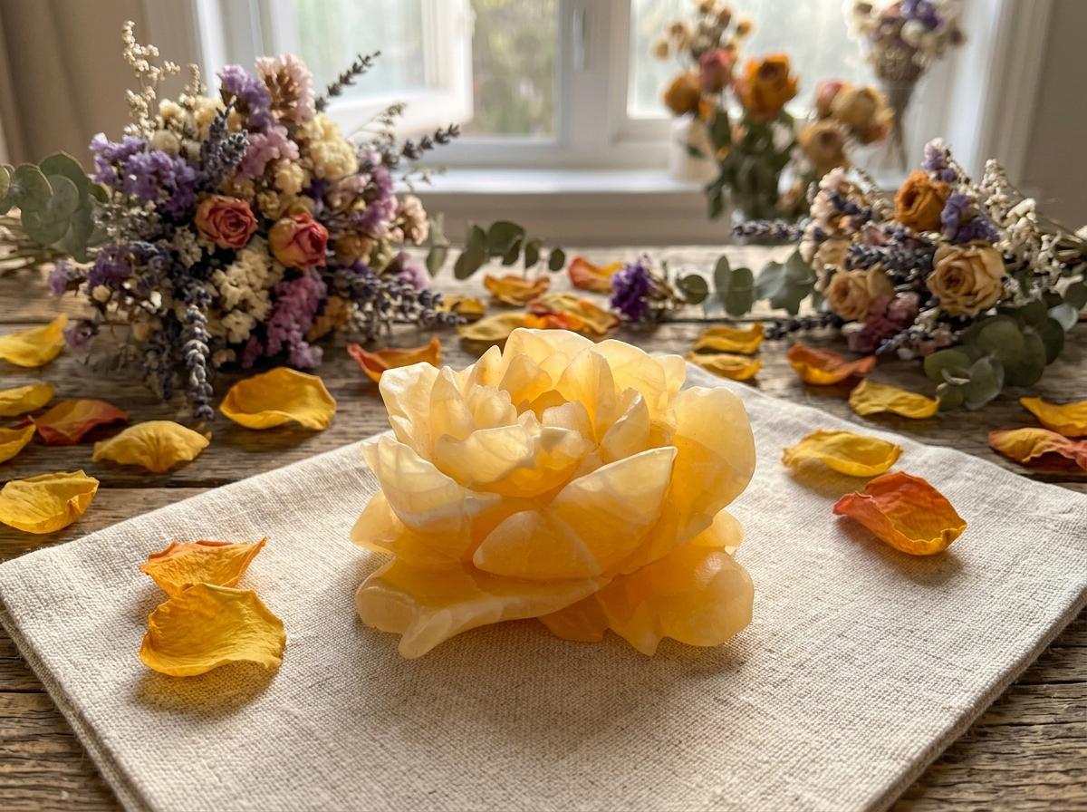 Yellow Calcite Flower, Spiritual Home Decor, Altar Gift