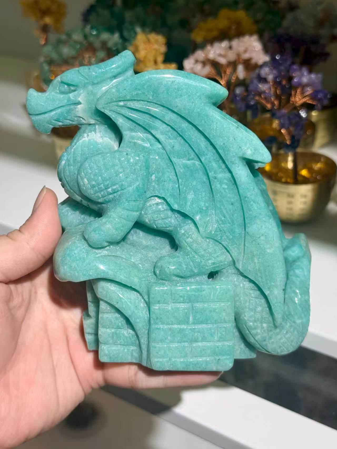 Hand Carved Amazonite Dragon Sculpture Castle Guardian Fantasy Home Decor Gift