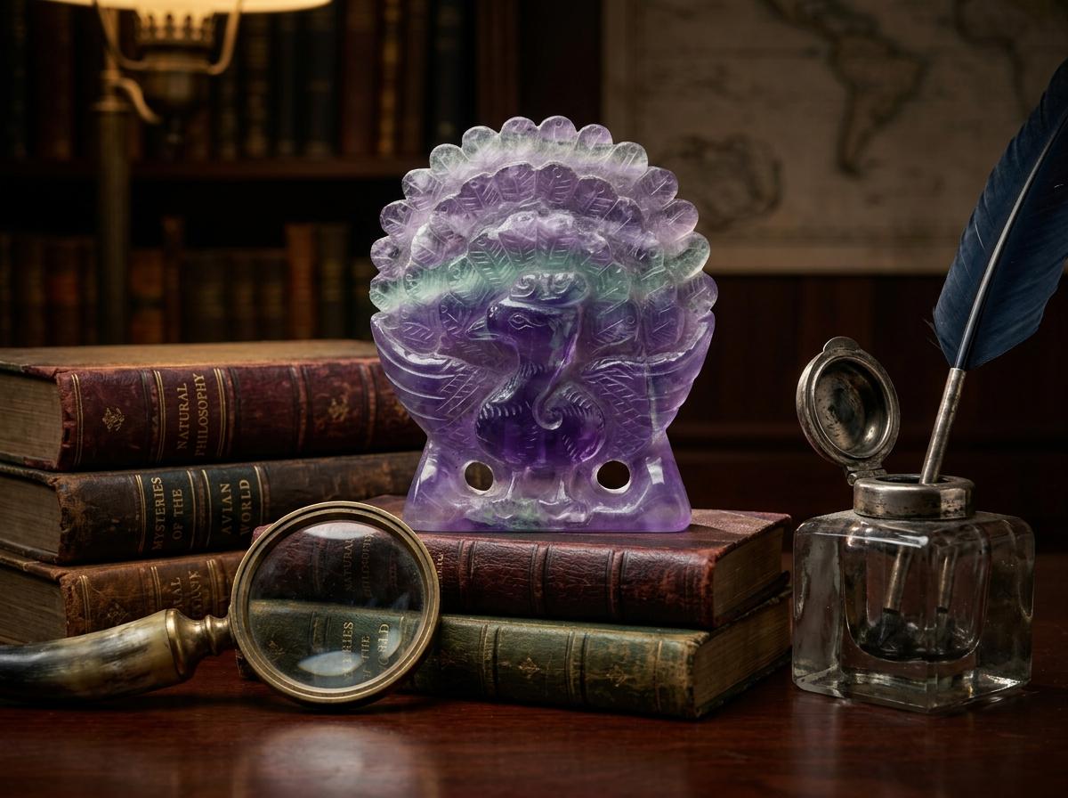 Purple Fluorite Peacock Carving, Natural Crystal Bird Figurine, Unique Home Decor, elegant housewarming gift