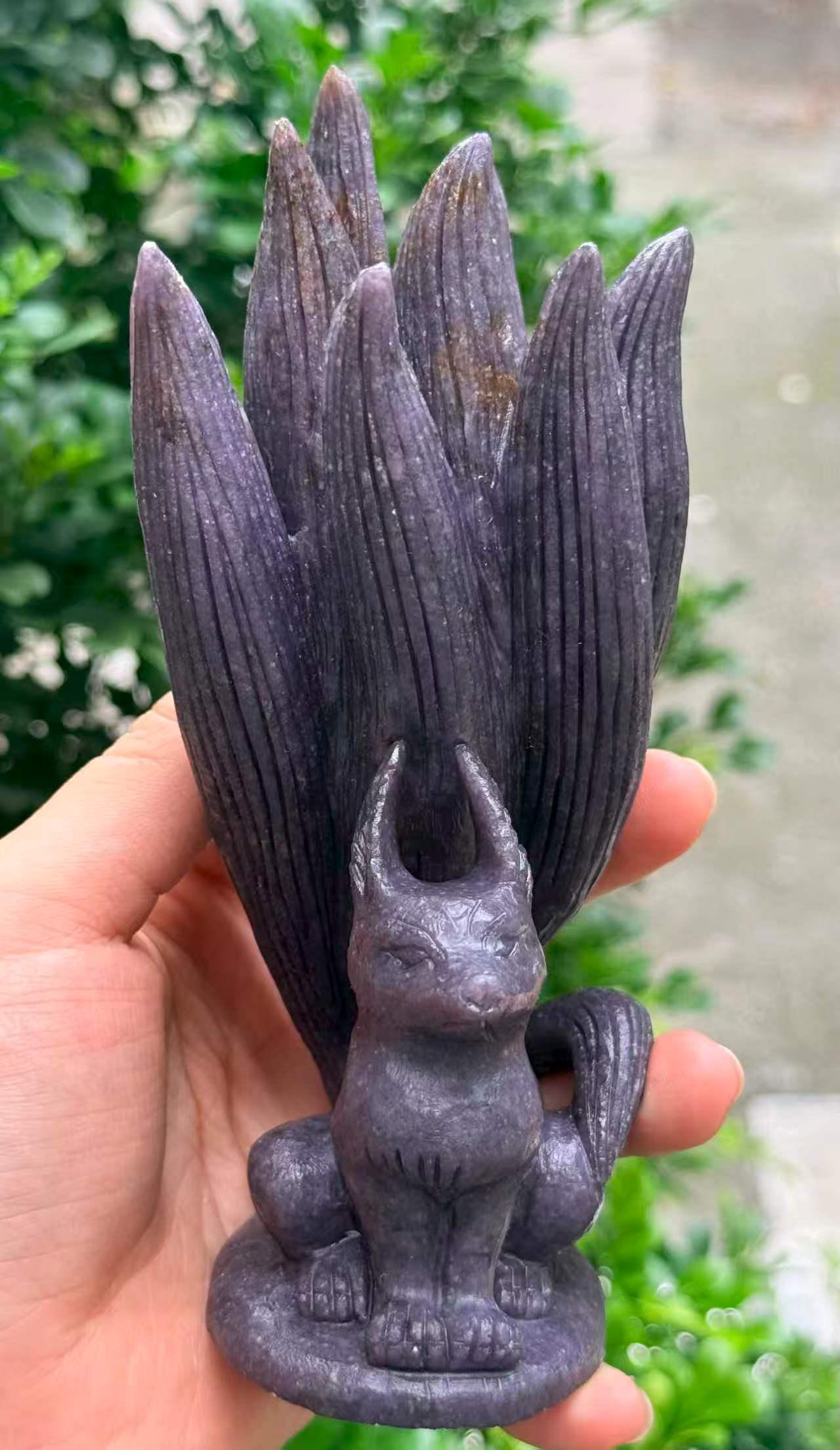 Fox Figurine, Purple Lepidolite Nine Tailed, Kitsune Statue, Witchy Altar Decor, Gifts