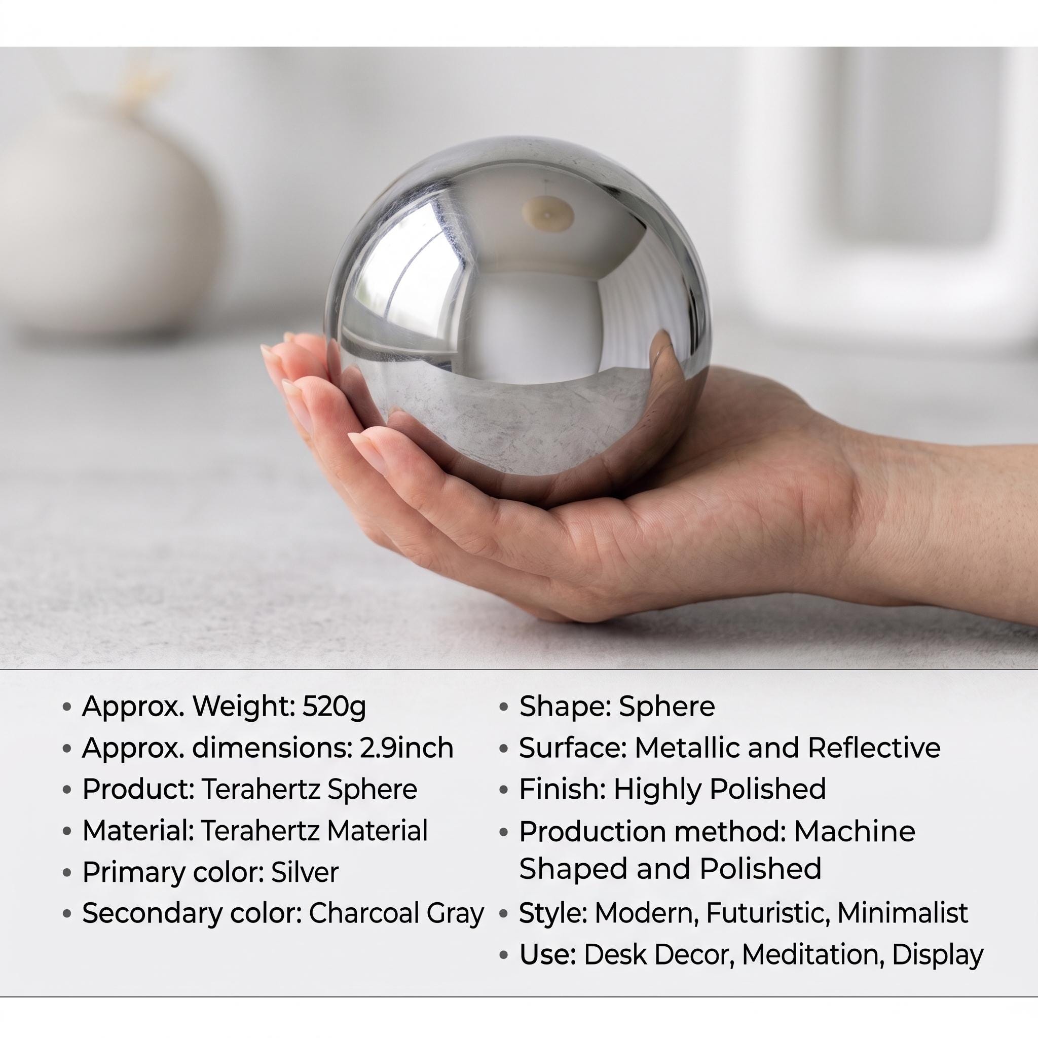 Terahertz Sphere Mirror Polished Silver Crystal Ball Meditation Decor Futuristic Gift