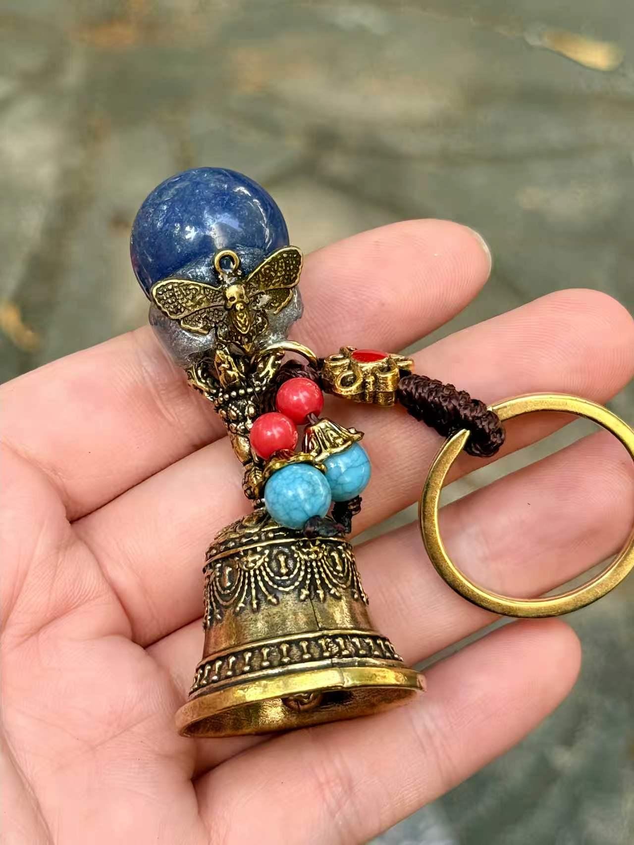Natural Gemstone Bell Keychain, Antique Gold-Tone Charm, Good Luck Ornament