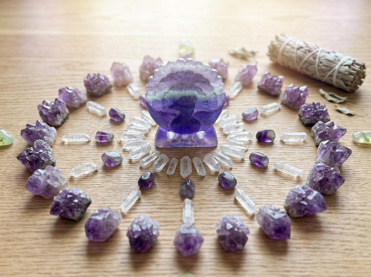 Purple Fluorite Peacock Carving, Natural Crystal Bird Figurine, Unique Home Decor, elegant housewarming gift