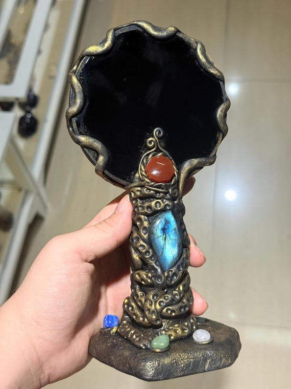 Black Obsidian Scrying Mirror, Gemstone Inlay Ritual Tool, Witchy Altar Decor, Divination Mirror