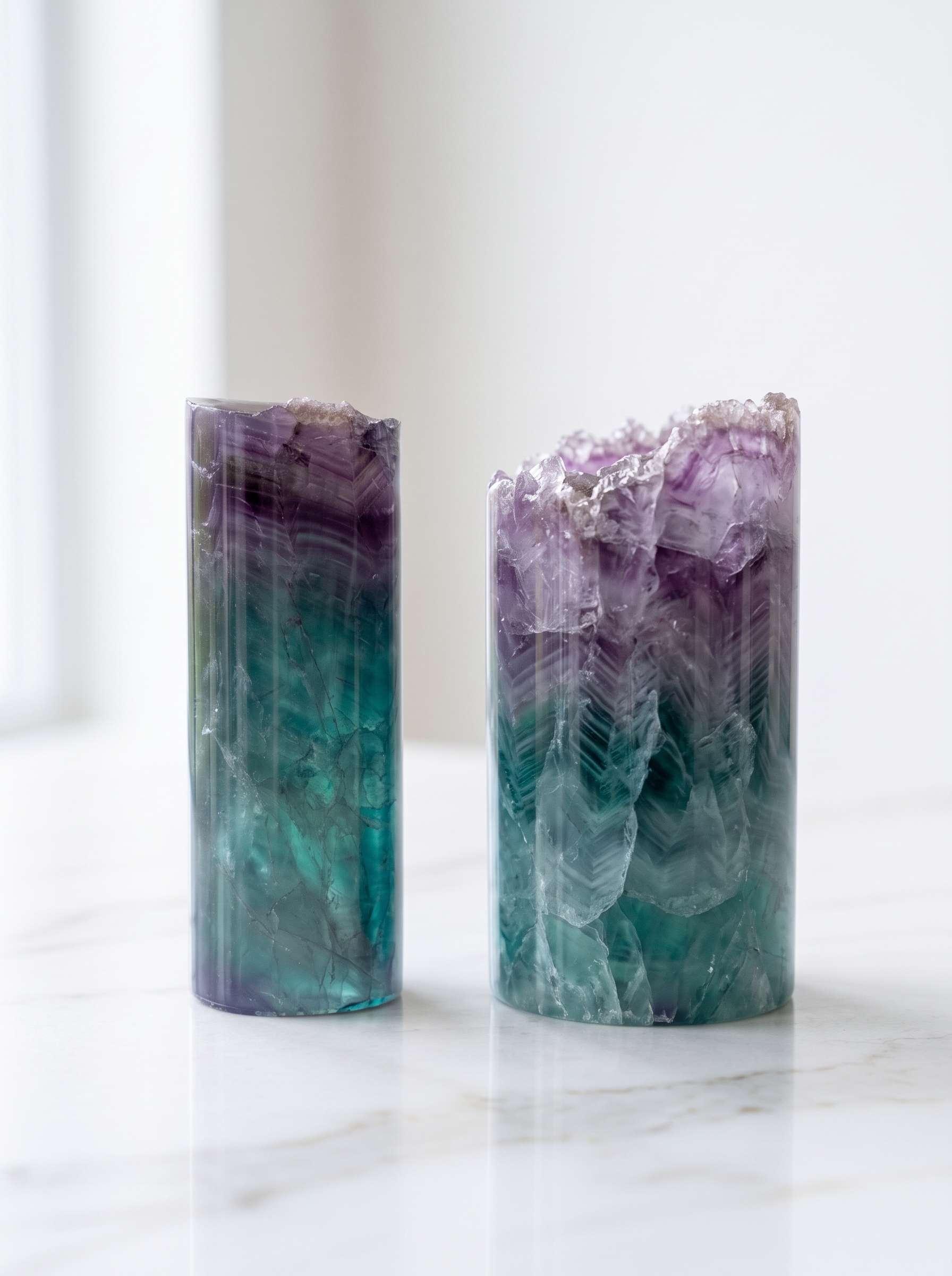 Natural Rainbow Fluorite Pen Holder – Purple Green Crystal Desk Organizer & Bedside Decor