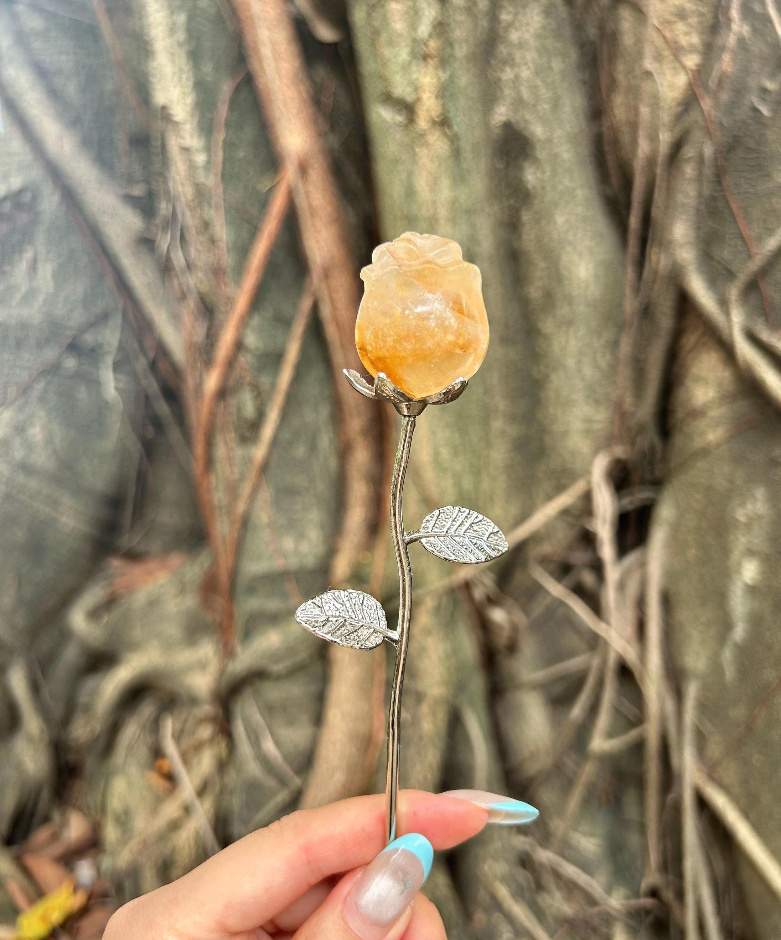 Eternal Crystal Flower, Natural Gemstone Carved Rose with Silver Stem, Everlasting Birthday Gift for Her, Healing Reiki Home Decor
