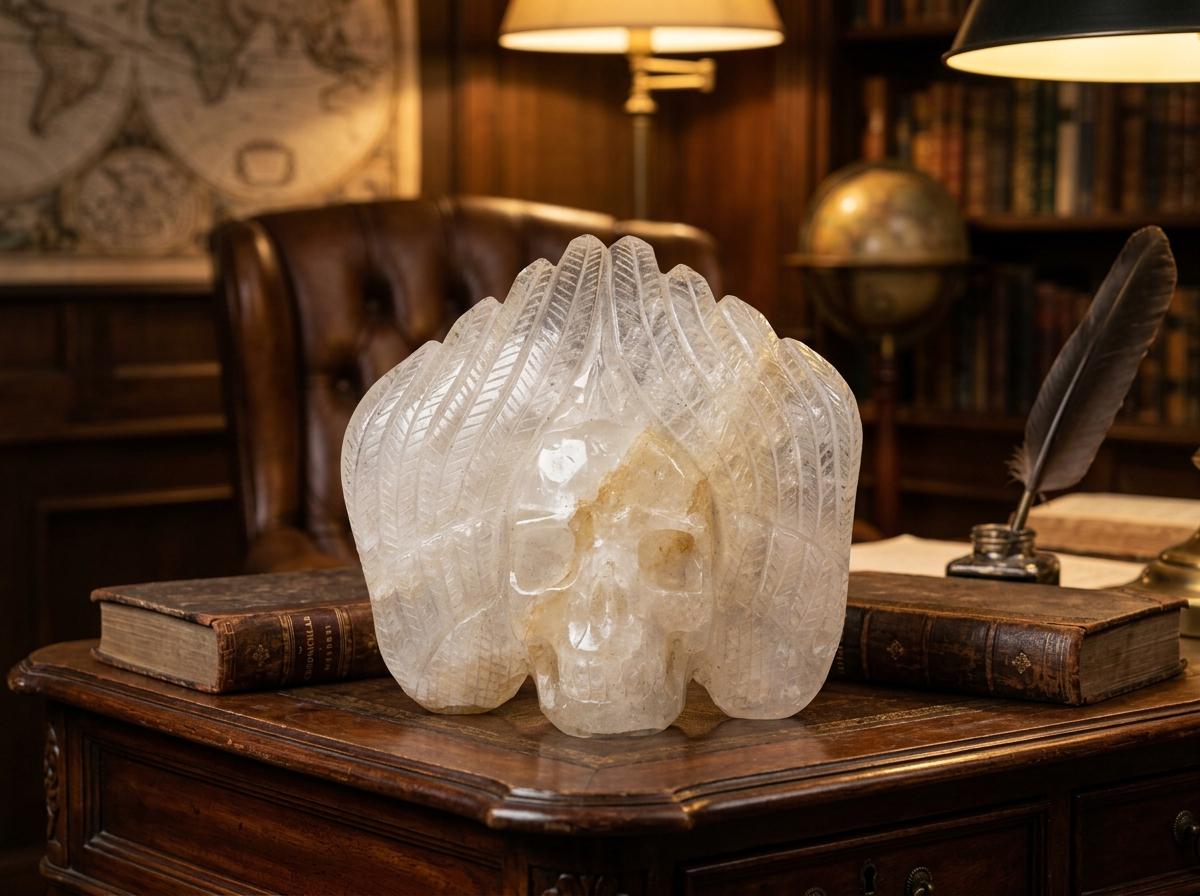 White Crystal Skull, Natural Quartz Skull Figurine, crystal collectible, Gothic Fantasy or Shelf Display Decor