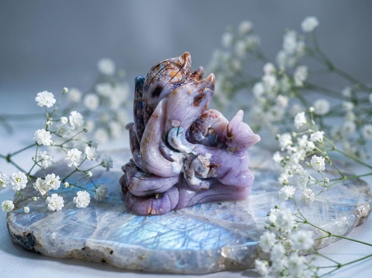 Blue Cherry Blossom Agate Nine-Tailed Fox Carving, Hand-Carved Crystal Fox Statue, Healing Gemstone Sculpture, Reiki Energy Stone Home Decor