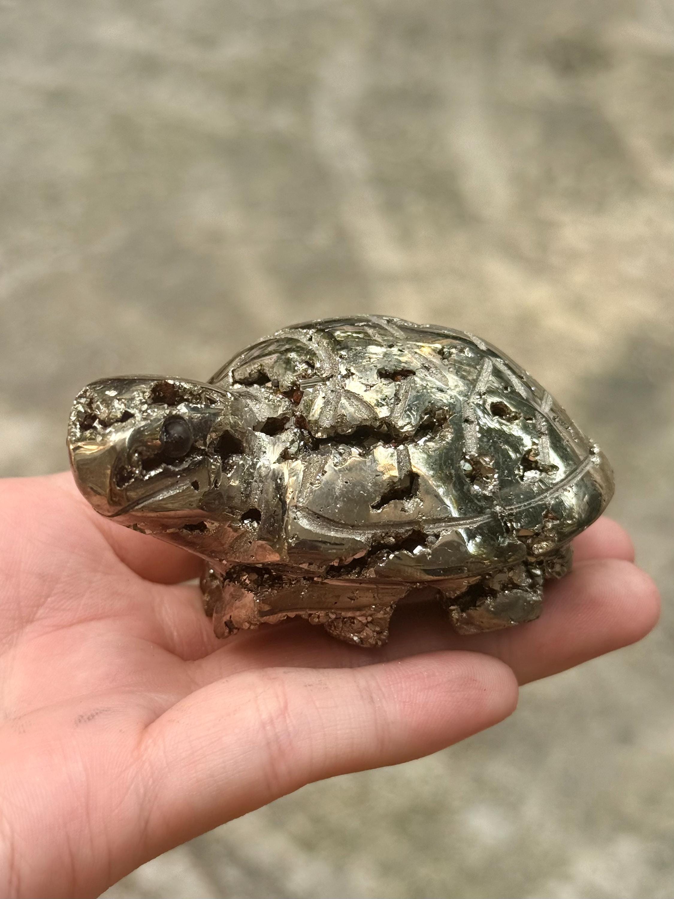 Pyrite Turtle Figurine, Hand Carved Crystal Animal Sculpture, Feng Shui Decor, Good Luck Gift