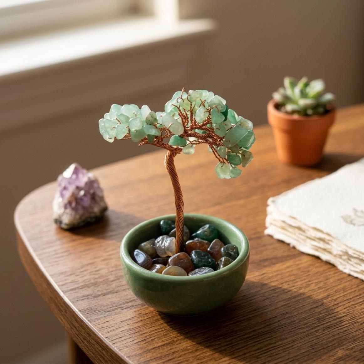 Handmade Gemstone Mini Tree, Natural Crystal Chips, Copper Wire Branches, Feng Shui Decor