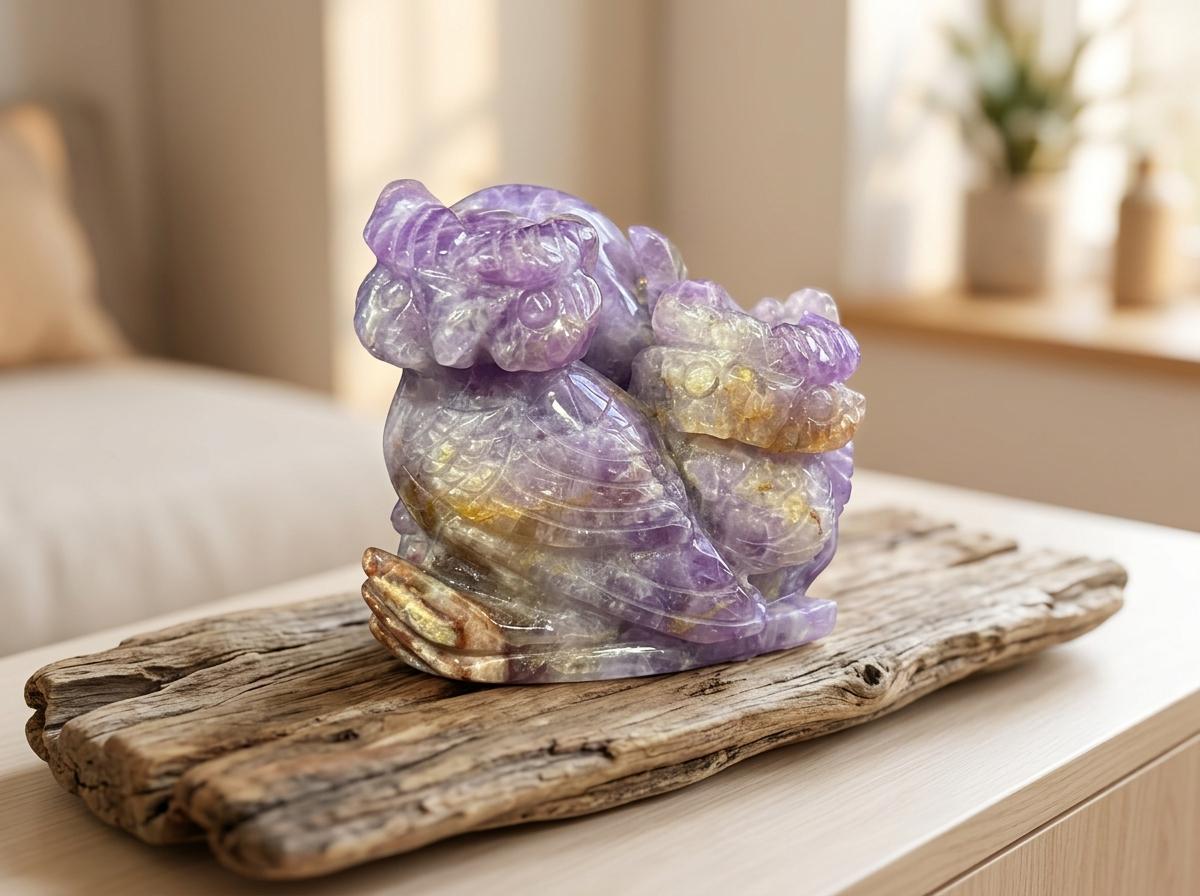 Amethyst Owl, Purple Crystal Carving, Natural Gemstone Decor, Owl Collectible