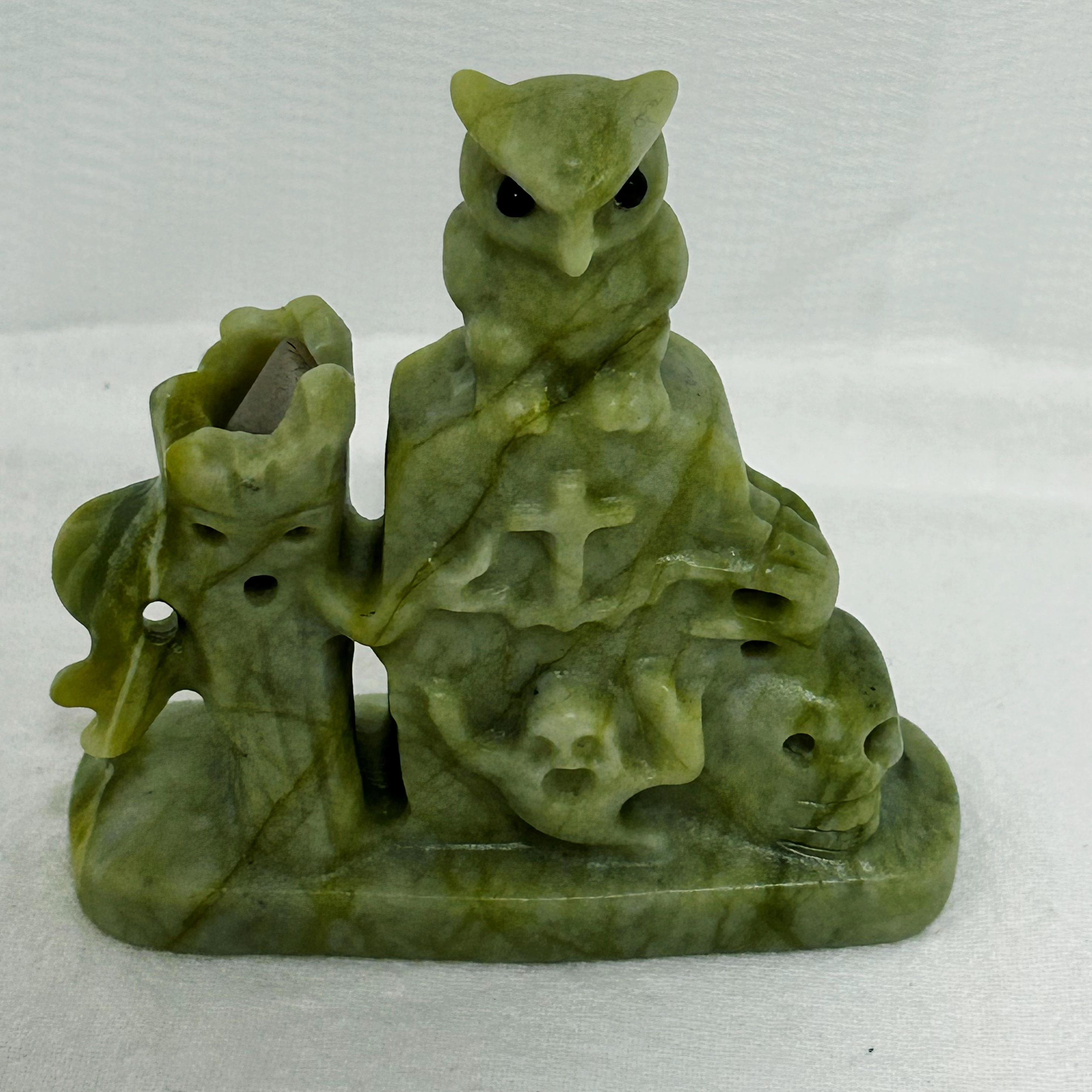 Cauliflower Jade Carved Owl, Skull, and Cross Figurine, Polished Stone Sculpture