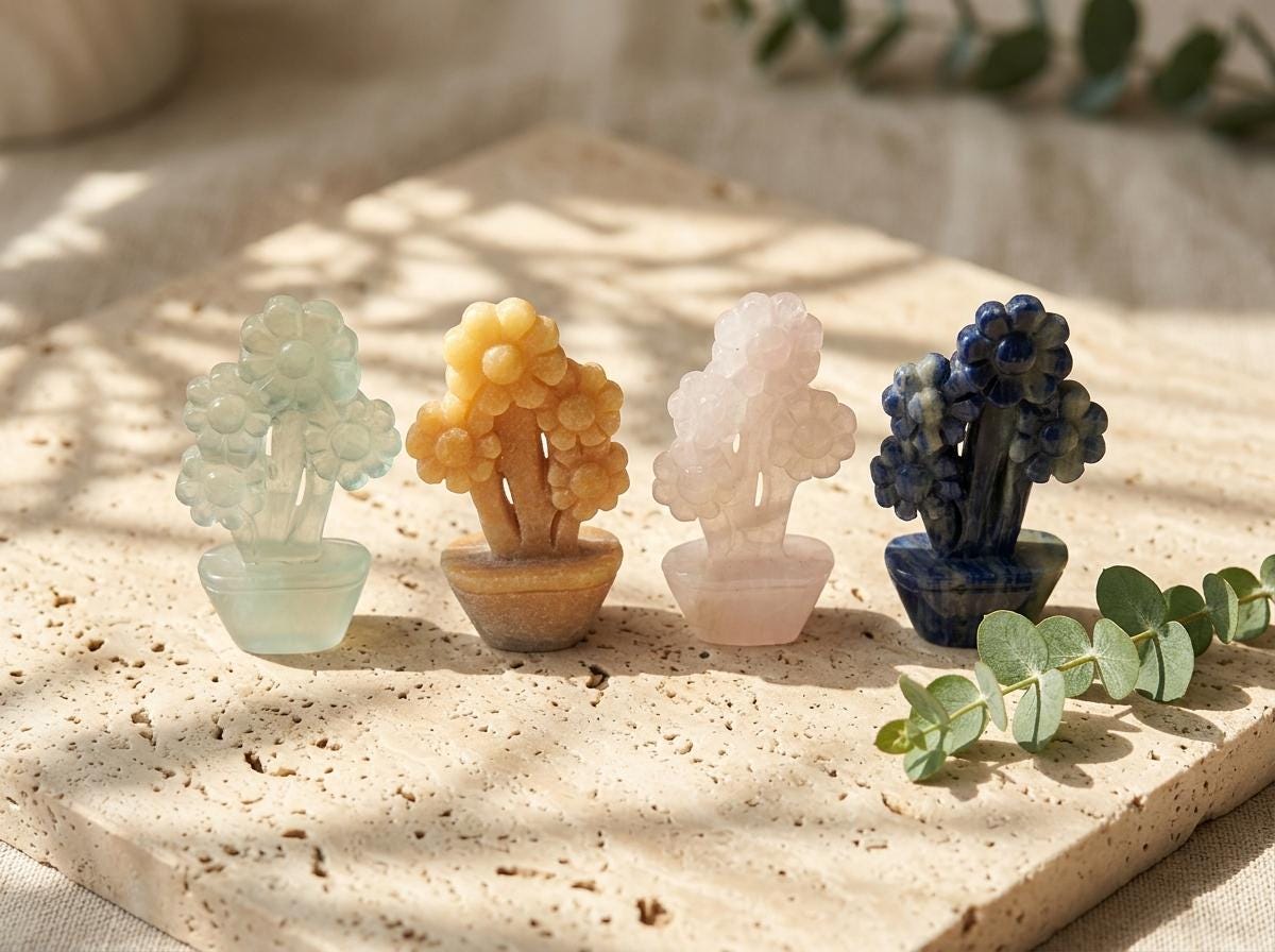 Hand Carved Gemstone Flower Tree, Mini Crystal Bonsai, Feng Shui Decor