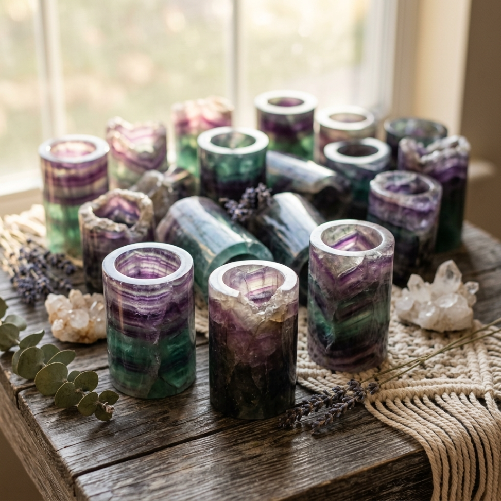 Natural Rainbow Fluorite Pen Holder – Purple Green Crystal Desk Organizer & Bedside Decor