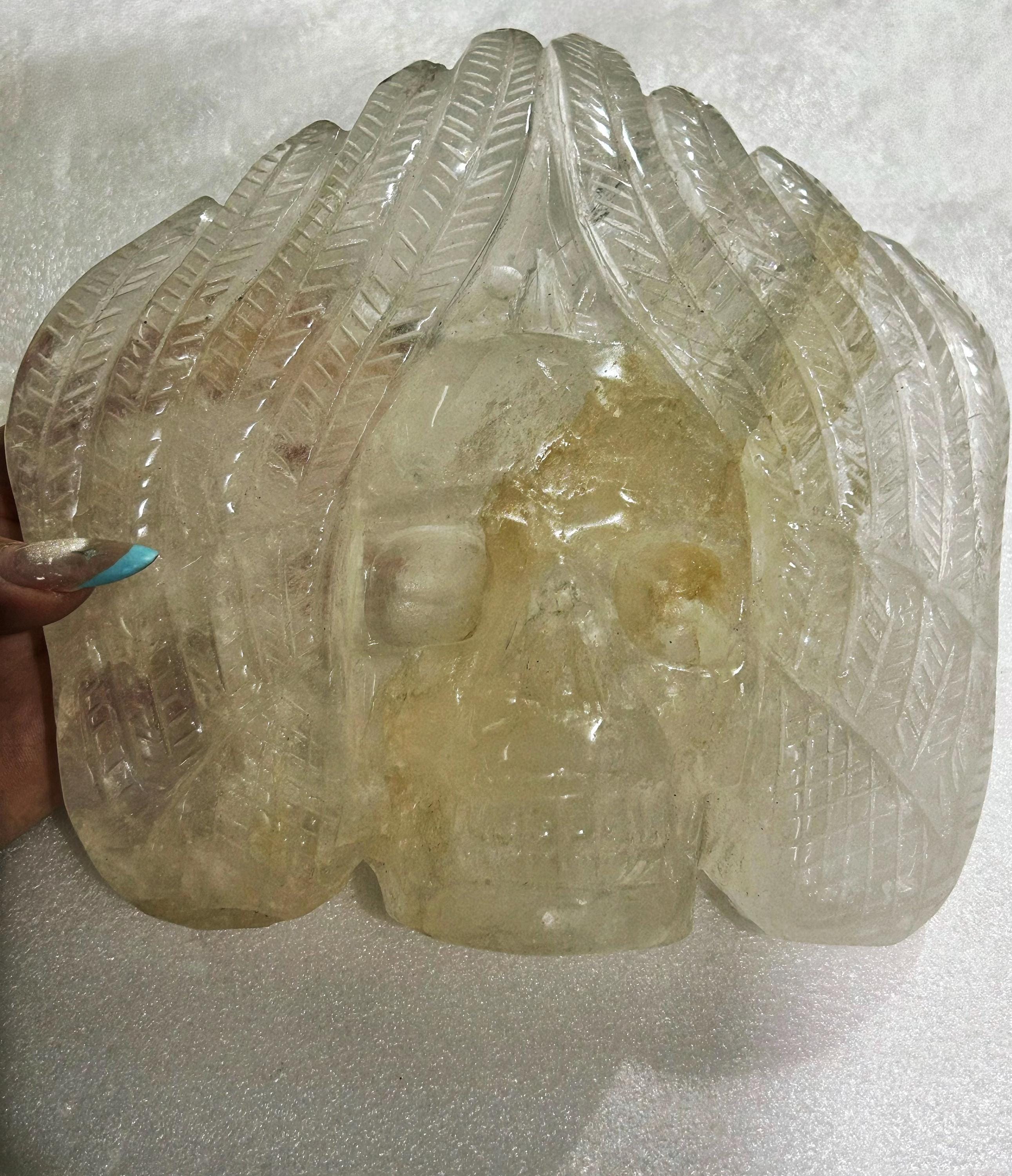 White Crystal Skull, Natural Quartz Skull Figurine, crystal collectible, Gothic Fantasy or Shelf Display Decor