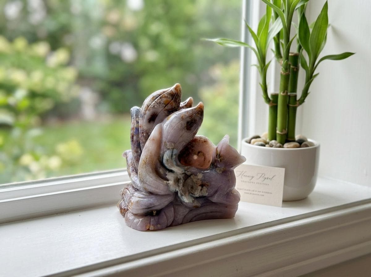 Blue Cherry Blossom Agate Nine-Tailed Fox Carving, Hand-Carved Crystal Fox Statue, Healing Gemstone Sculpture, Reiki Energy Stone Home Decor