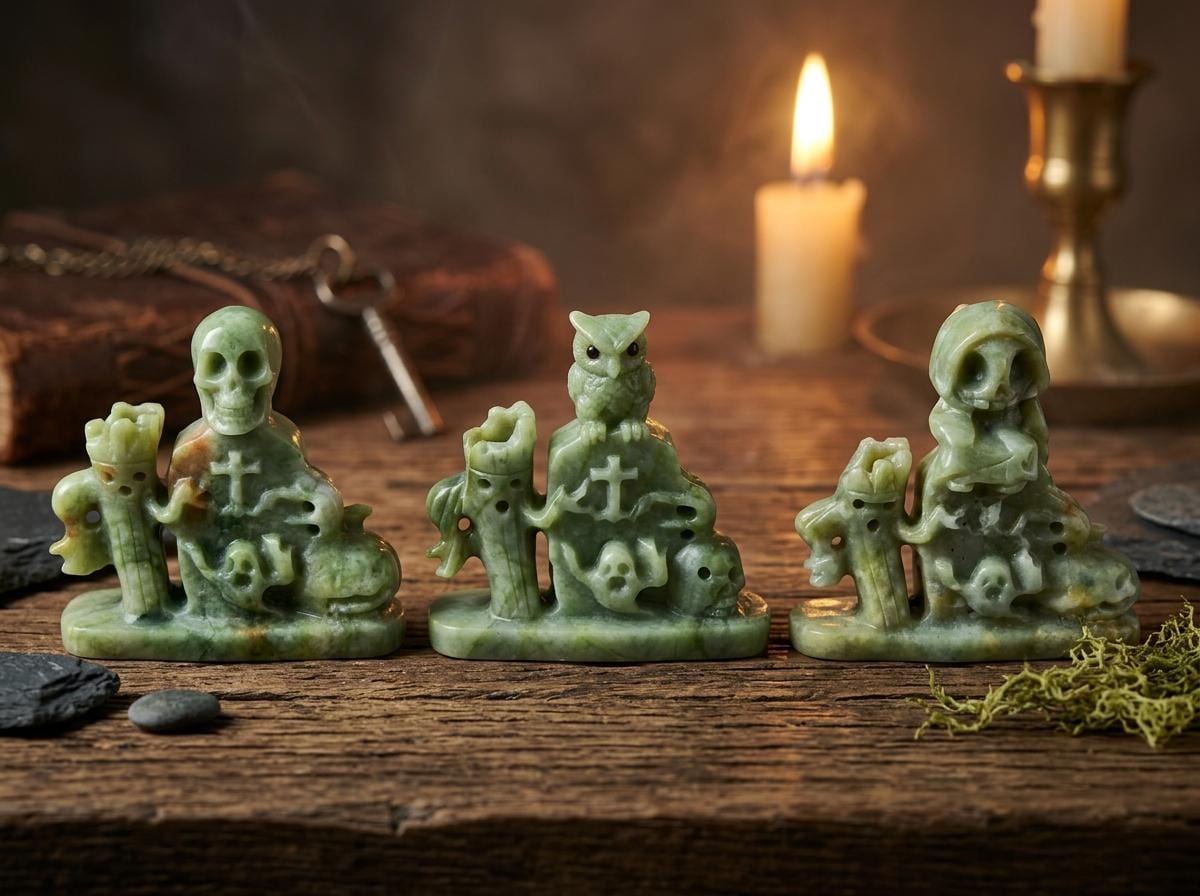 Cauliflower Jade Carved Owl, Skull, and Cross Figurine, Polished Stone Sculpture