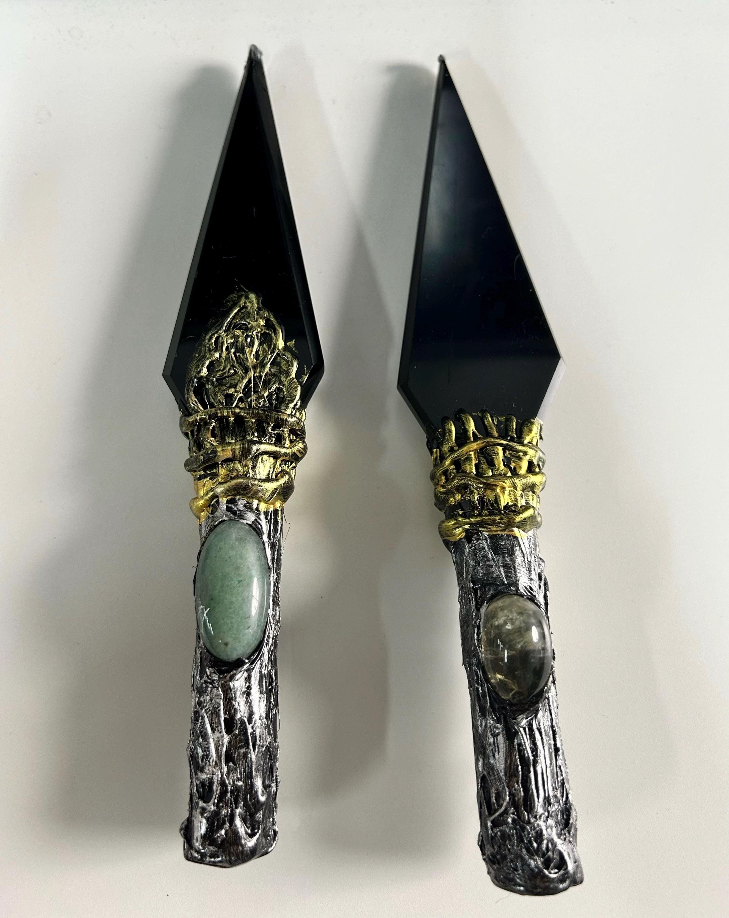 Black Obsidian Wand, Green Aventurine or Citrine Inlay, Ritual Decor, Altar Art