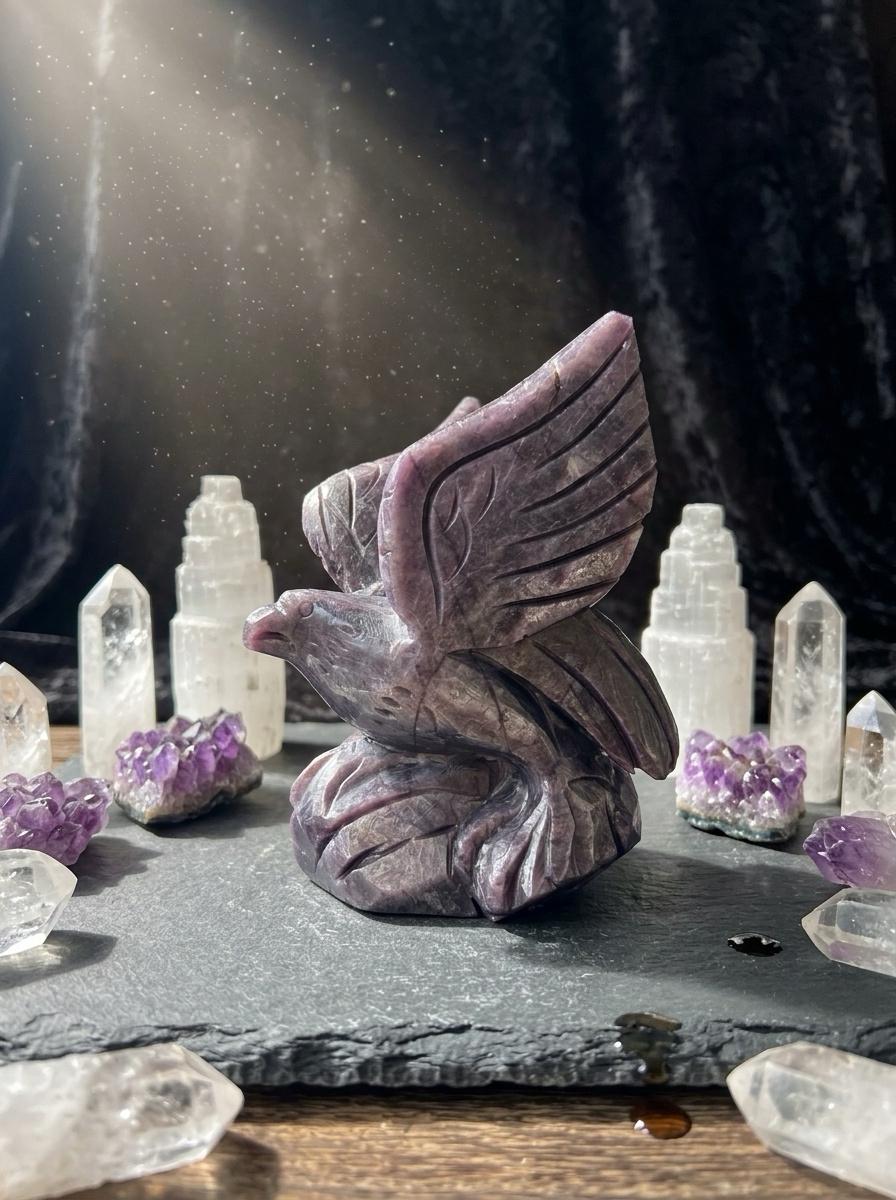Natural Lepidolite Eagle Carving, Healing Crystal Sculpture, Spirit Animal Figurine, Reiki Altar Decor, Unique Gift
