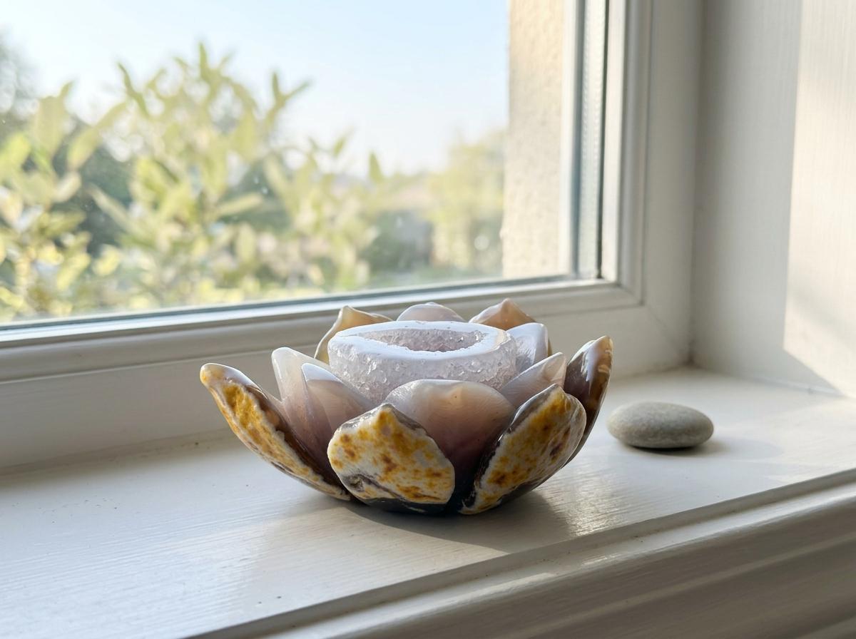 Natural Agate Geode Lotus Carving, Hand-Polished Crystal Flower Sculpture for Meditation, Reiki Healing, Home Decor & Feng Shui