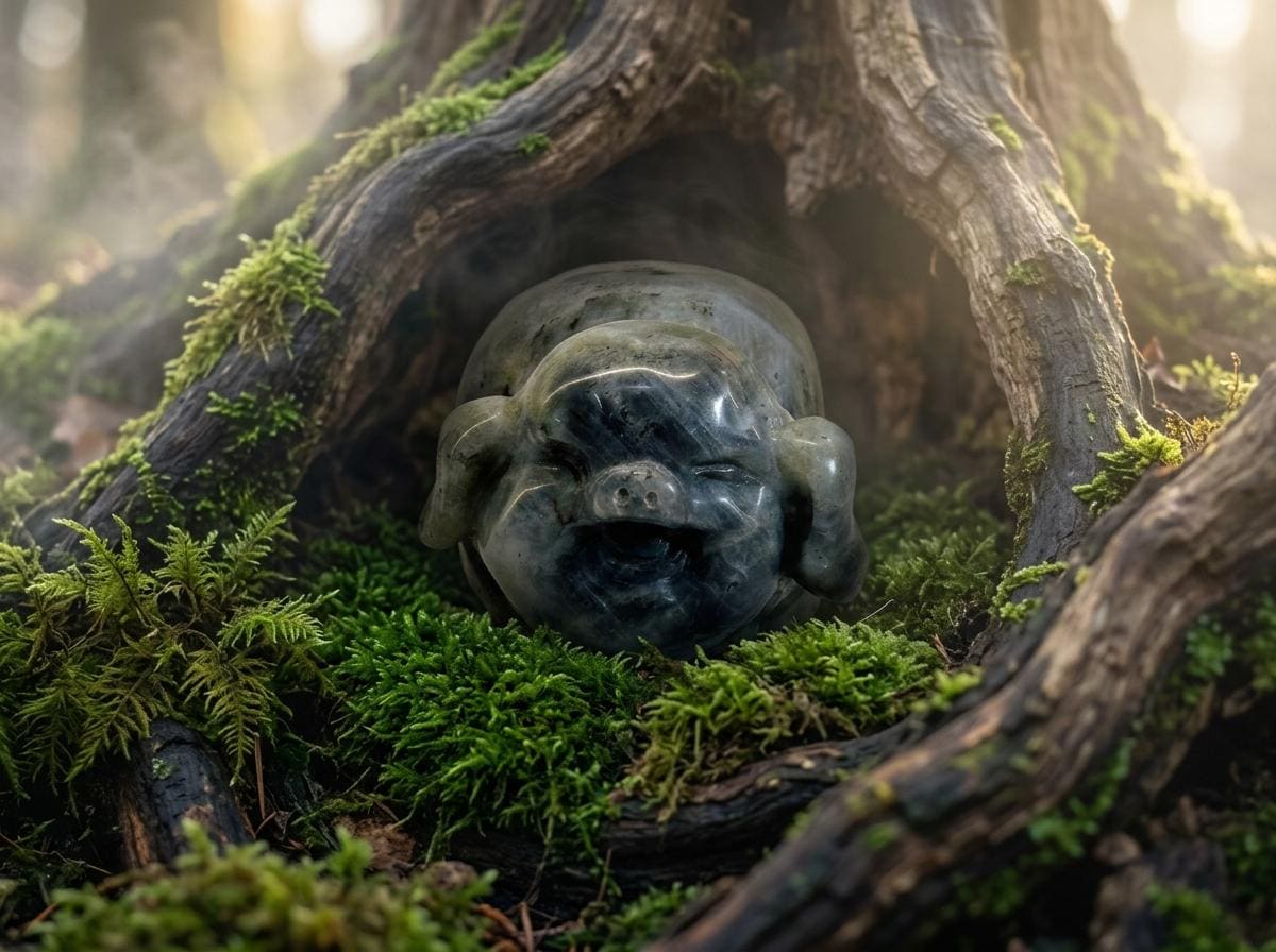 Cute Happy Farm Pig Carving, Labradorite Crystal, Rustic Farmhouse Decor, Lucky Wealth Feng Shui Pocket Stone