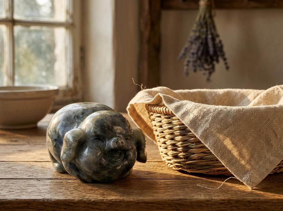 Cute Happy Farm Pig Carving, Labradorite Crystal, Rustic Farmhouse Decor, Lucky Wealth Feng Shui Pocket Stone