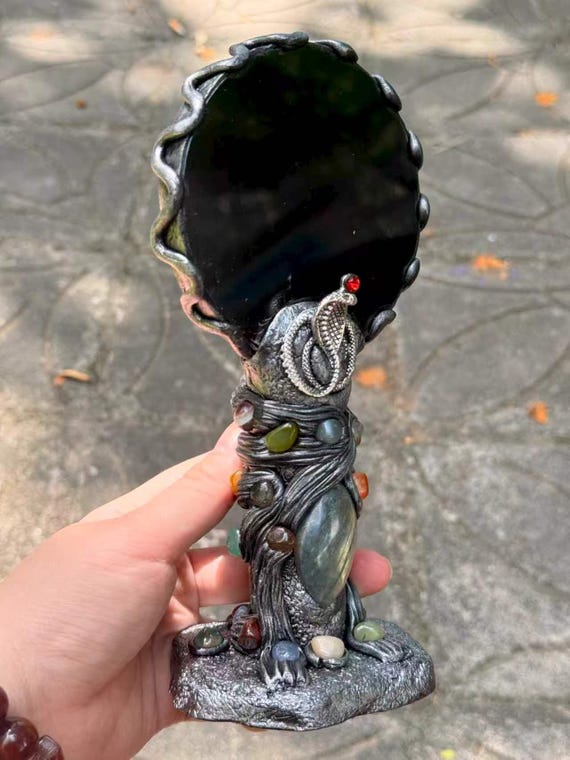 Black Obsidian Scrying Mirror, Gemstone Inlay Ritual Tool, Witchy Altar Decor, Divination Mirror