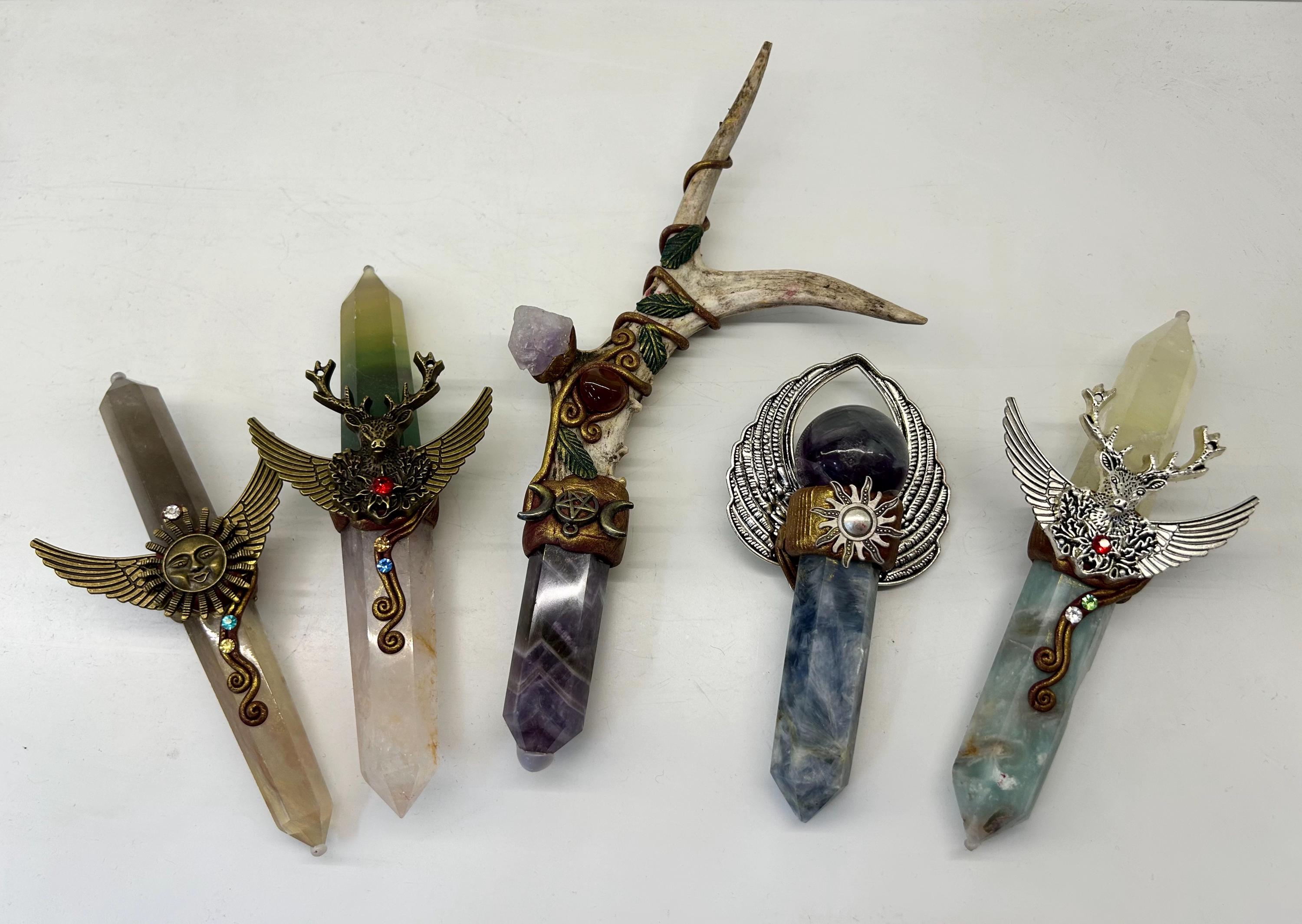 Handcrafted Crystal Wand, Antler Altar Decor, Gothic Fantasy Ritual Tool