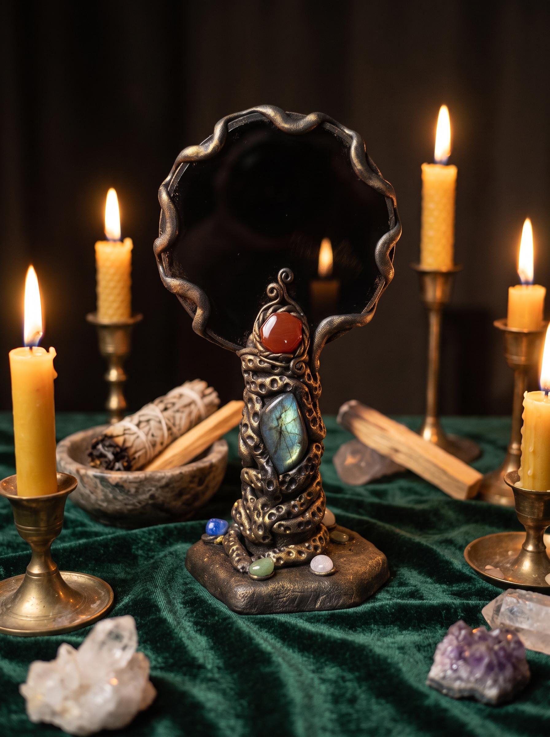 Black Obsidian Mirror Wand or Stand – Hand-Assembled Gemstone Scrying Mirror & Gothic Altar Decor