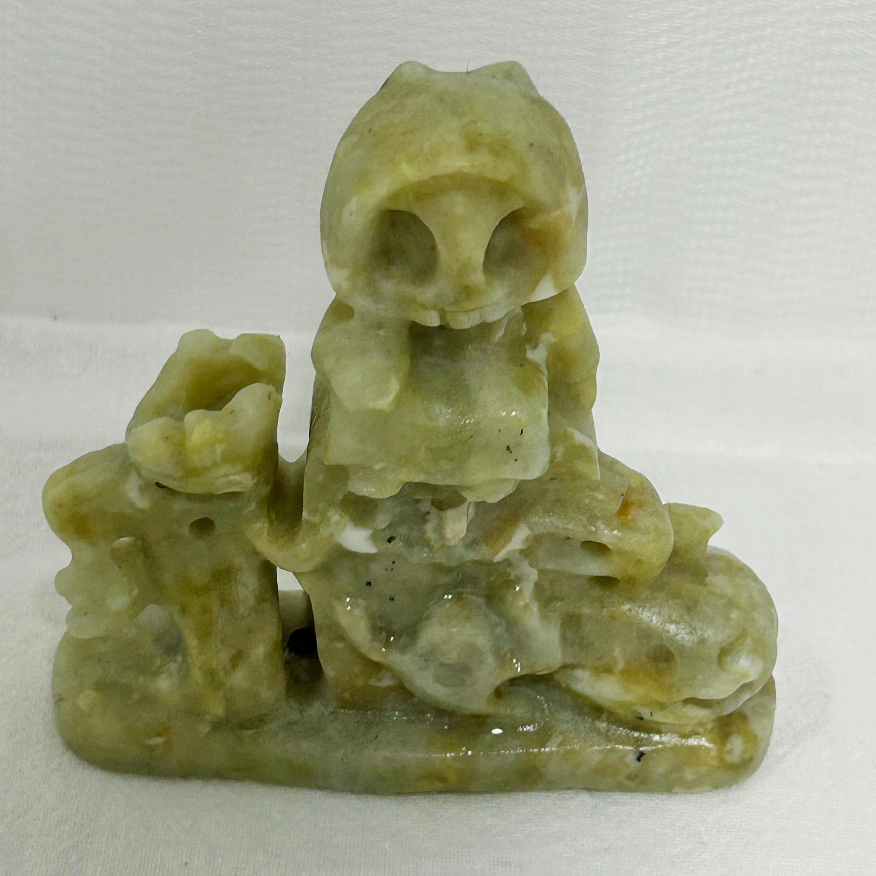 Cauliflower Jade Carved Owl, Skull, and Cross Figurine, Polished Stone Sculpture