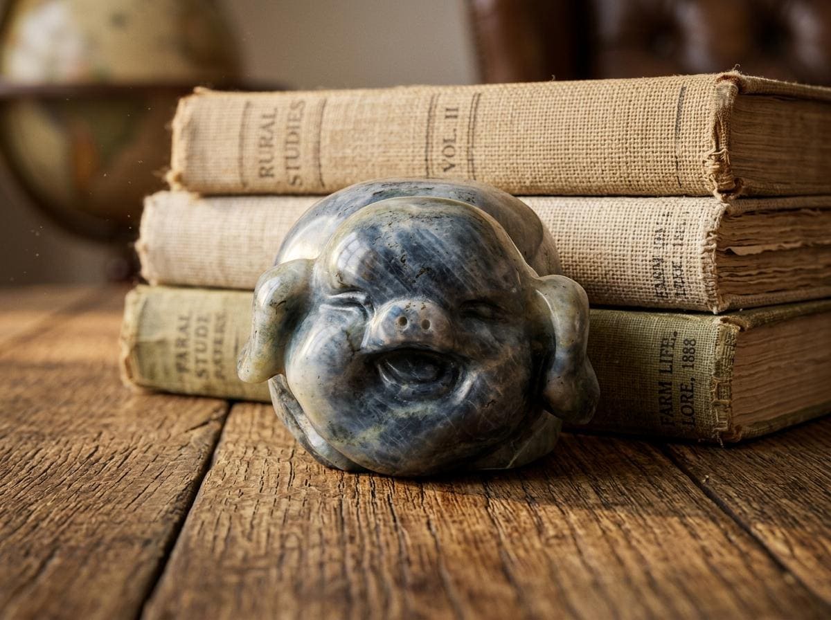Cute Happy Farm Pig Carving, Labradorite Crystal, Rustic Farmhouse Decor, Lucky Wealth Feng Shui Pocket Stone