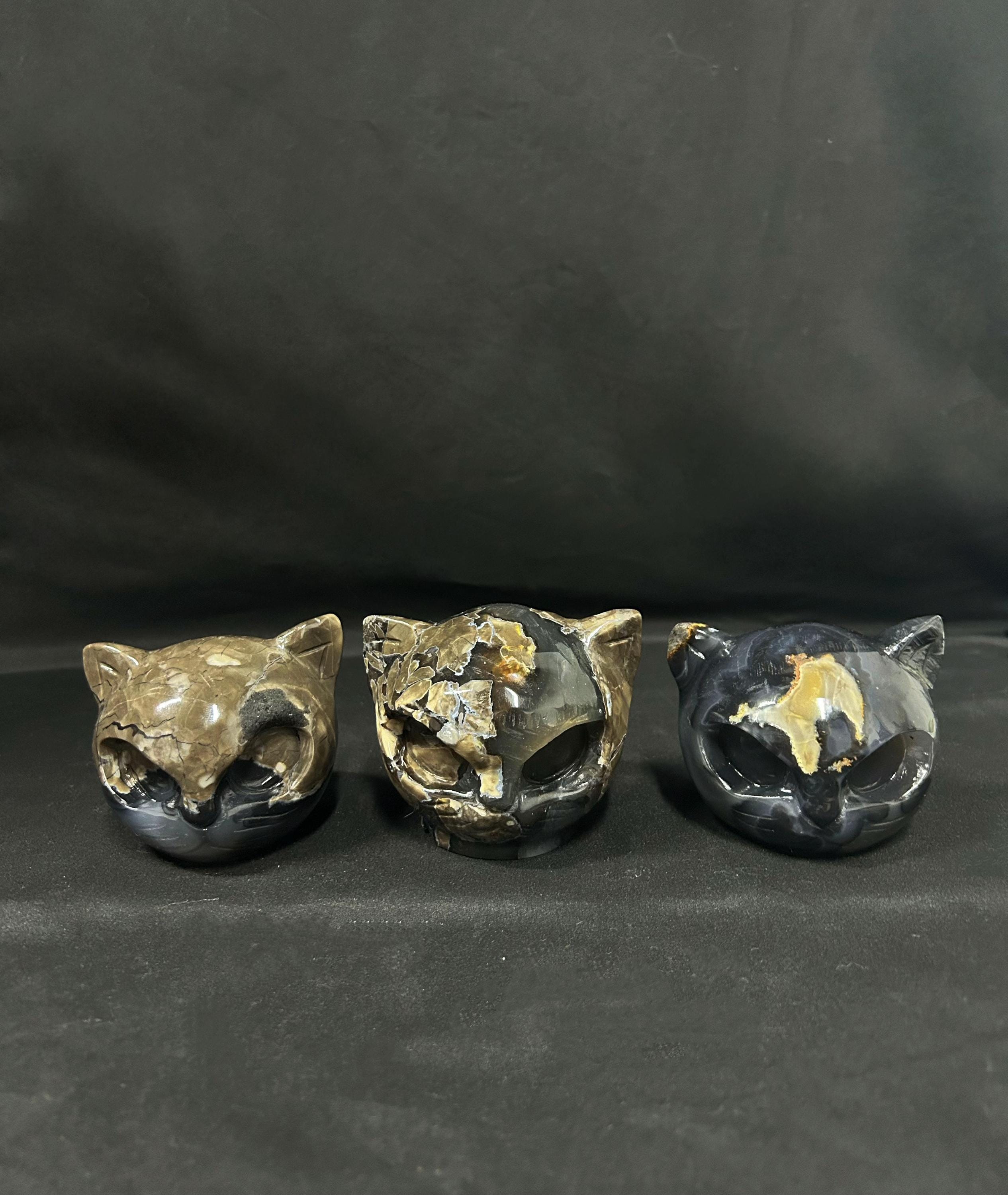 Volcanic Agate Cat Head Carving, Natural Lava Stone, Realistic Cat Sculpture, Unique Mineral Specimen, Cat Lover Gift