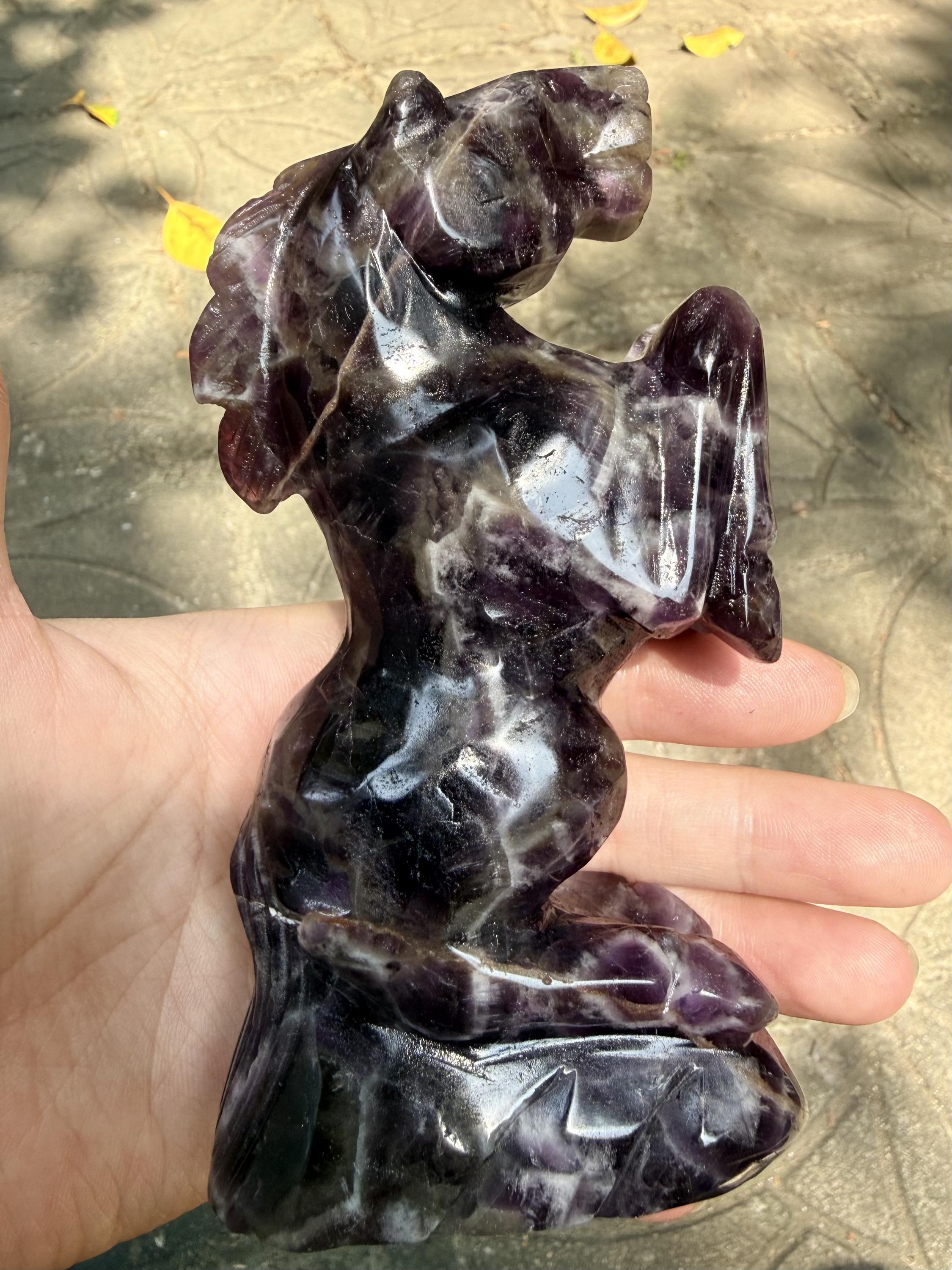 Dream Amethyst Horse Carving Chevron Crystal Figurine Equine Decor Gift