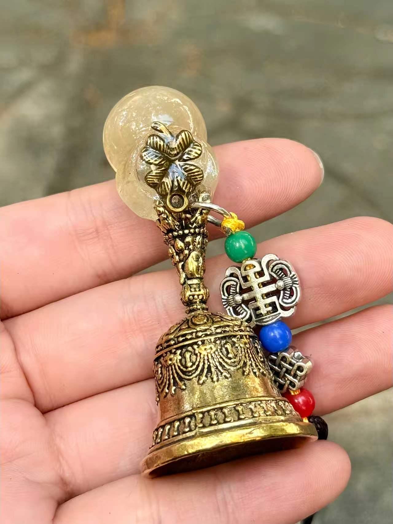 Natural Gemstone Bell Keychain, Antique Gold-Tone Charm, Good Luck Ornament