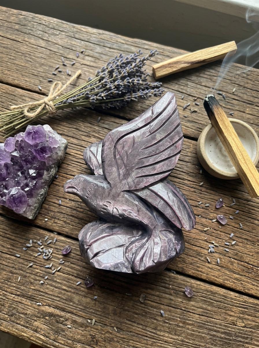 Natural Lepidolite Eagle Carving, Healing Crystal Sculpture, Spirit Animal Figurine, Reiki Altar Decor, Unique Gift