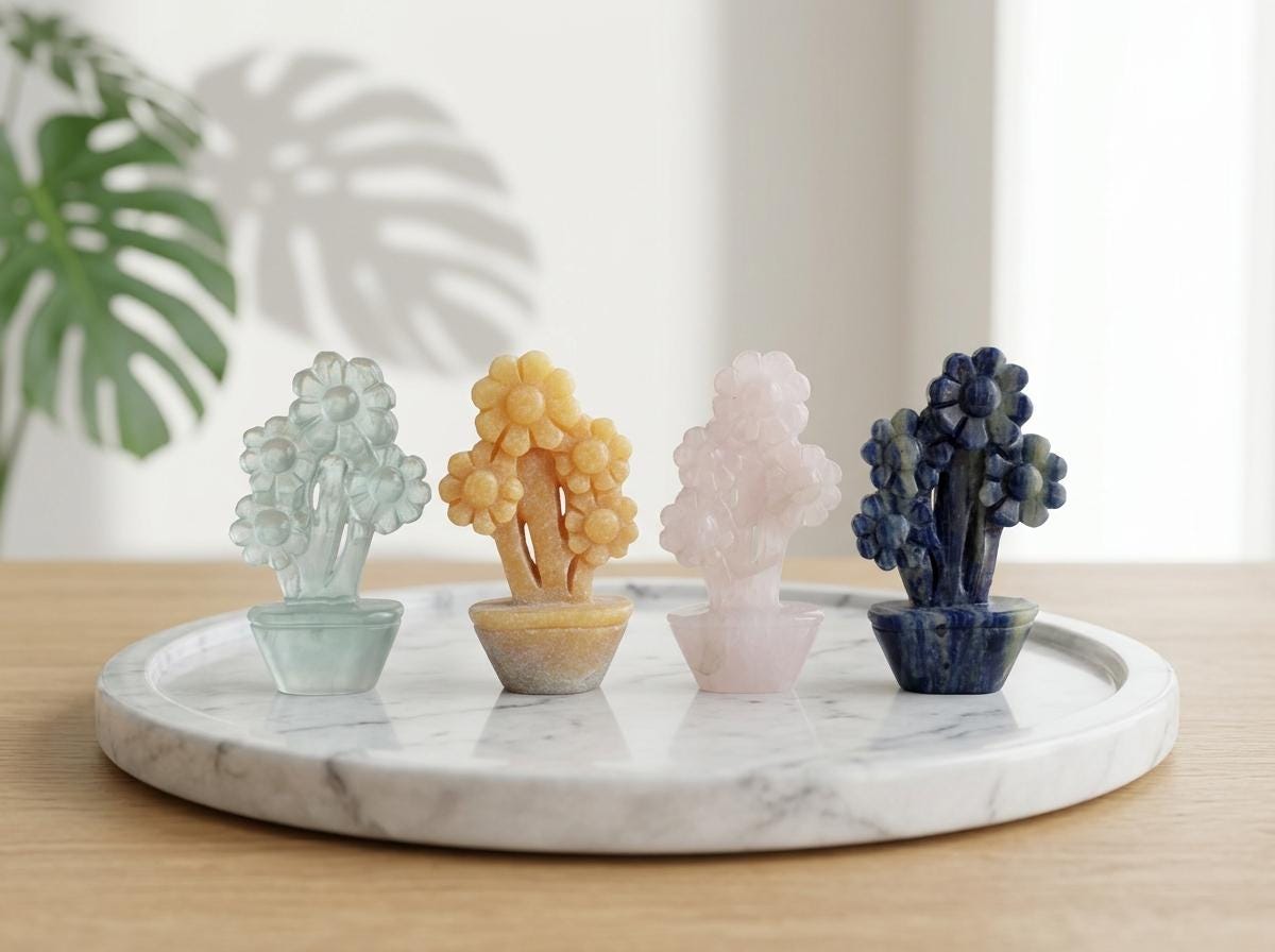 Hand Carved Gemstone Flower Tree, Mini Crystal Bonsai, Feng Shui Decor